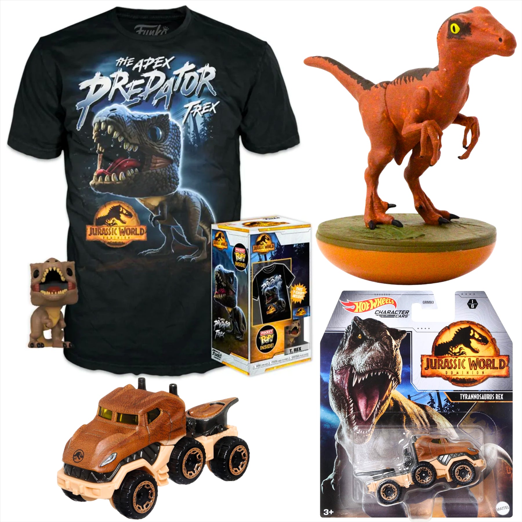 Jurassic World Funko T-Rex Large Children's T-Shirt with Pocket Pop!, Hot Wheels T-Rex Diecast Model Vehicle, and Revos Raptor 10cm Collectible Vinyl Figure Figure - 3-Piece Bundle - Toptoys2u