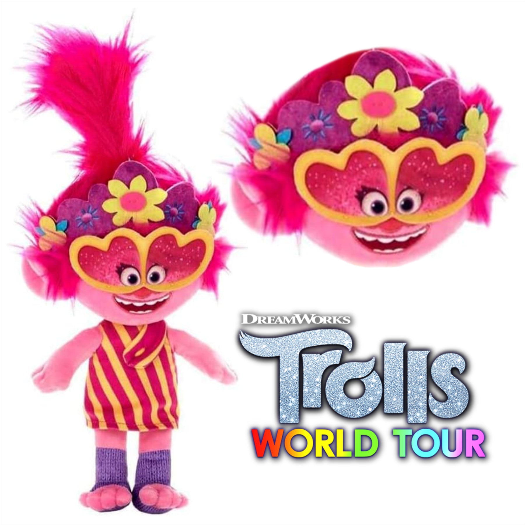 Trolls World Tour - Poppy in Striped Dress 45cm 18" Super Soft Plush Toy - Toptoys2u