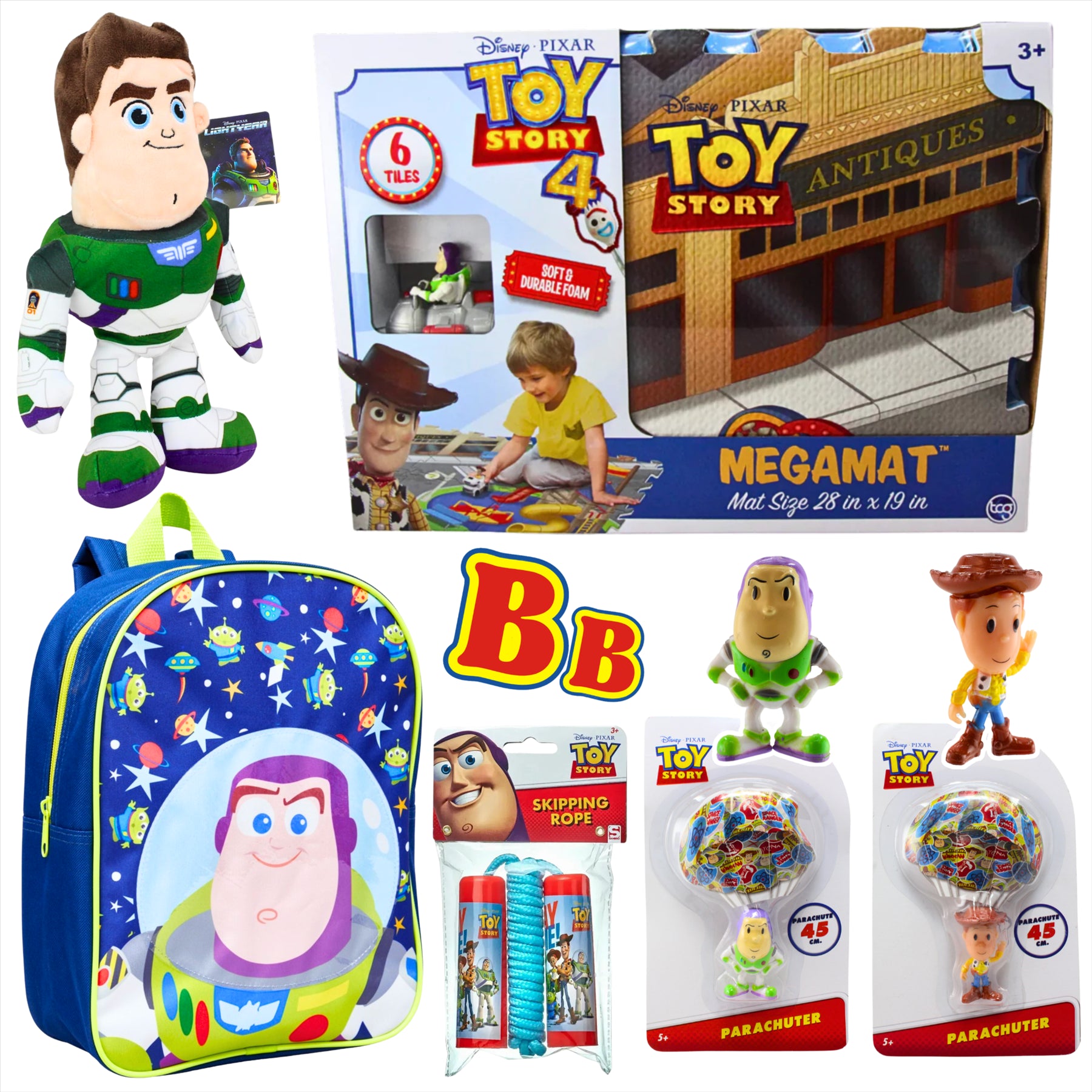 Toy Story 6-Piece Megabundle - Buzz Lightyear 33cm Plush Toy, Megamat, Backpack, Woody and Buzz Parachuter Mini Figures, and Skipping Rope - Toptoys2u