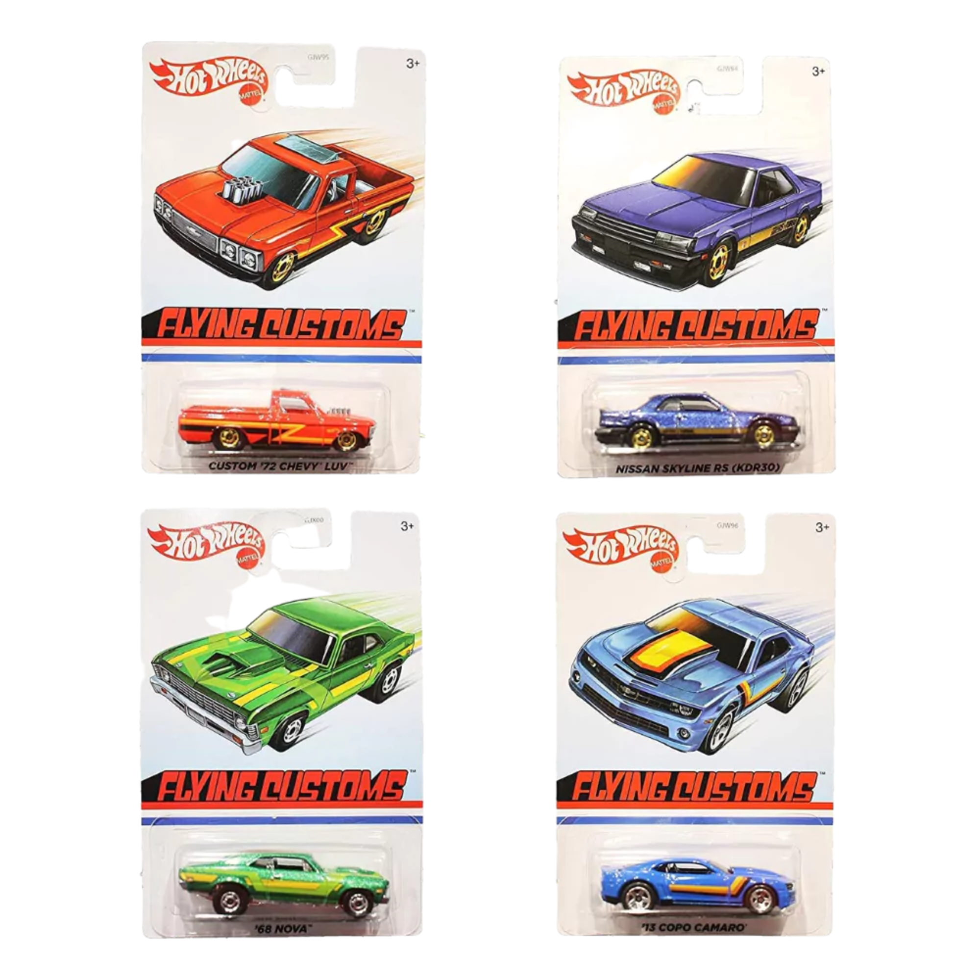 Hot Wheels Flying Customs Set of 4 - Nissan Skyline RS, 13 Copo Camaro, 68 Nova & Custom 72 Chevy Luv - Toptoys2u