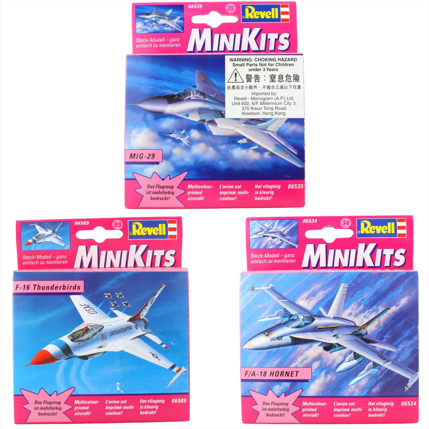 Revell MiniKits Model Plane Buildable Sets Pre Painted - Made in 2000 - Mig-29, F-16 Thunderbirds & F/A-18 Hornet - Set 7 - Pack of 3 - Toptoys2u