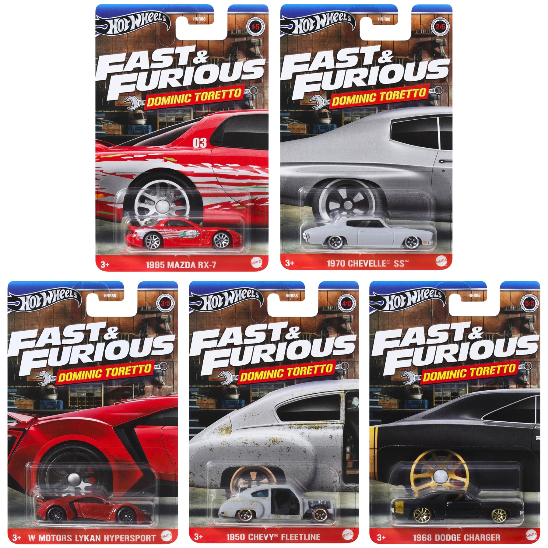 Hot Wheels Fast and Furious Dominic Toretto Collectible 1:64 Scale Diecast Model Cars - Mazda RX-7, Chevelle SS, Lykan Hypersport, Chevy Fleetline, and Dodge Charger - Pack of 5 - Toptoys2u