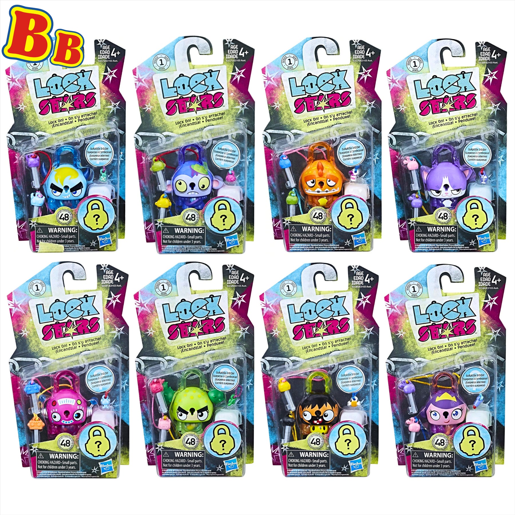 Lock Stars Series 1 Collectible Miniature 7cm Toy Figure Lock-On Clips with Accessories - Pack of All 8 - Blue Monster, Gross Brain, Orange Dino, Purple Cat, Robot, Cactus, Caveman, and Princess - Toptoys2u