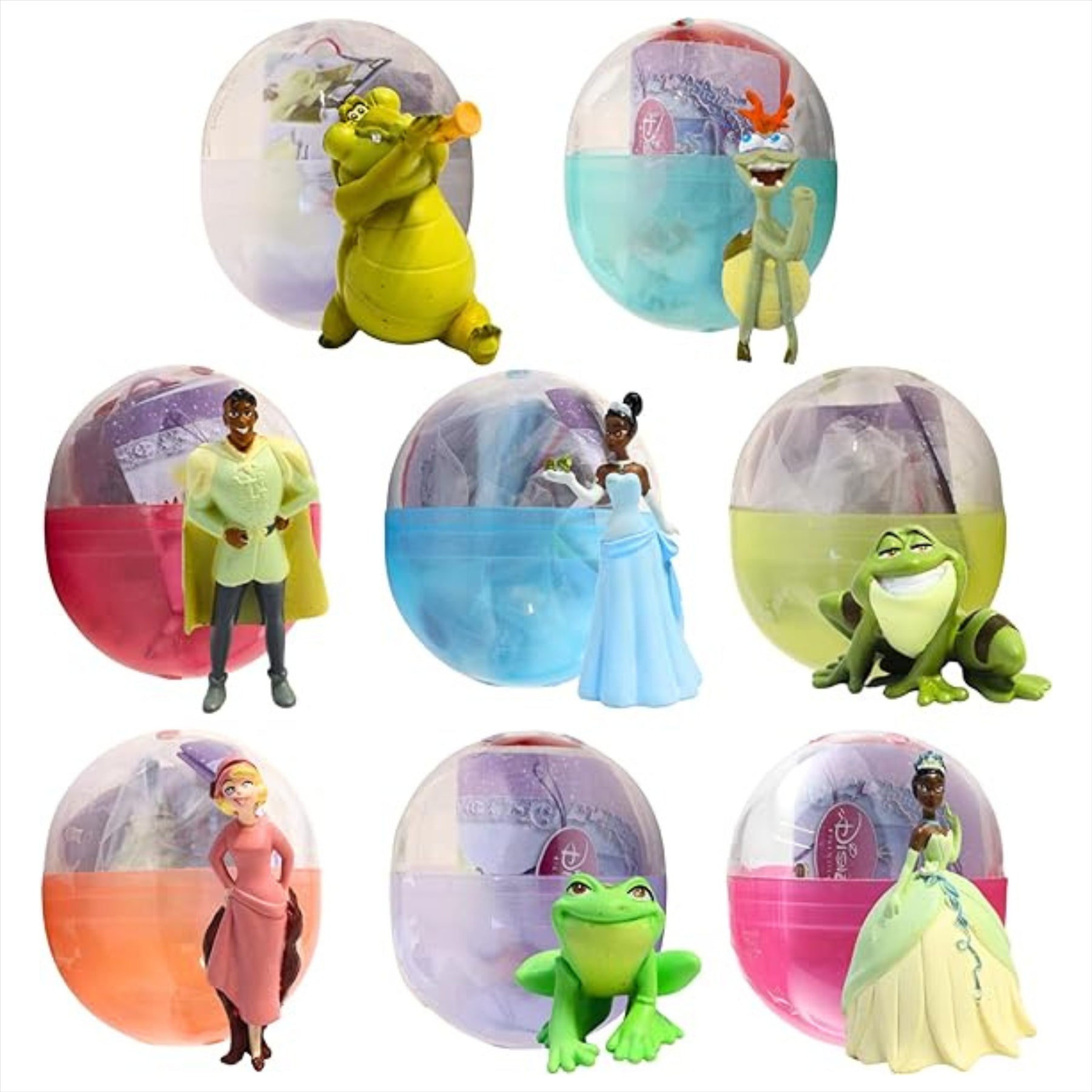 Disney Princess & The Frog - Phone Charm/Figure Sets - Pack of all 8 - Tiana Ball Gown, Charlotte, Prince Naveen, Louis, Ray, Prince Naveen Frog, Tiana Frog & Tiana - Toptoys2u