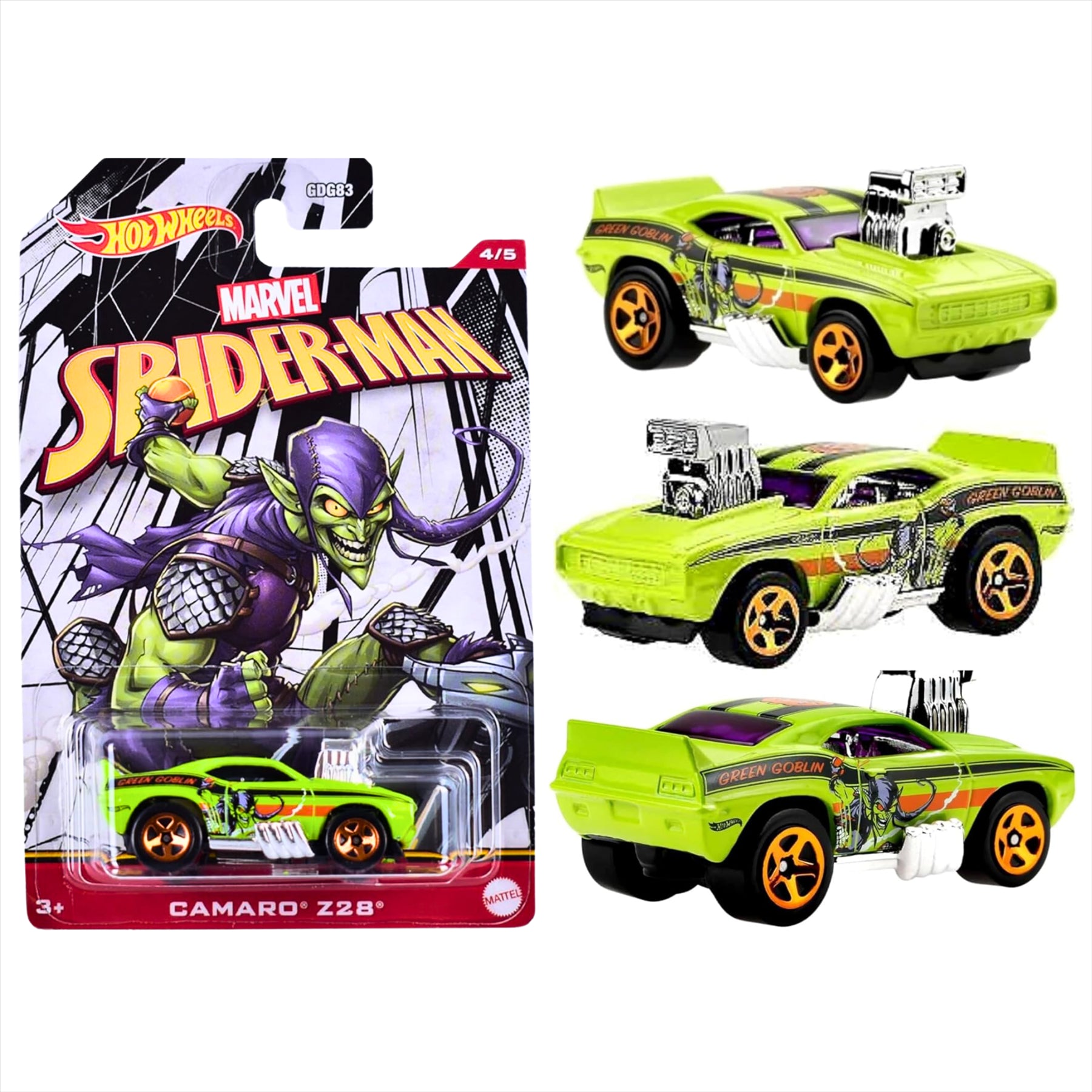 Hot Wheels Character Cars Marvel Spiderman 1:64 Scale Diecast Model Vehicles - Spider Girl Circle Tracker, Green Goblin Camaro Z28, & Ghost Spider 67 Chevy - Pack of 3 - Toptoys2u