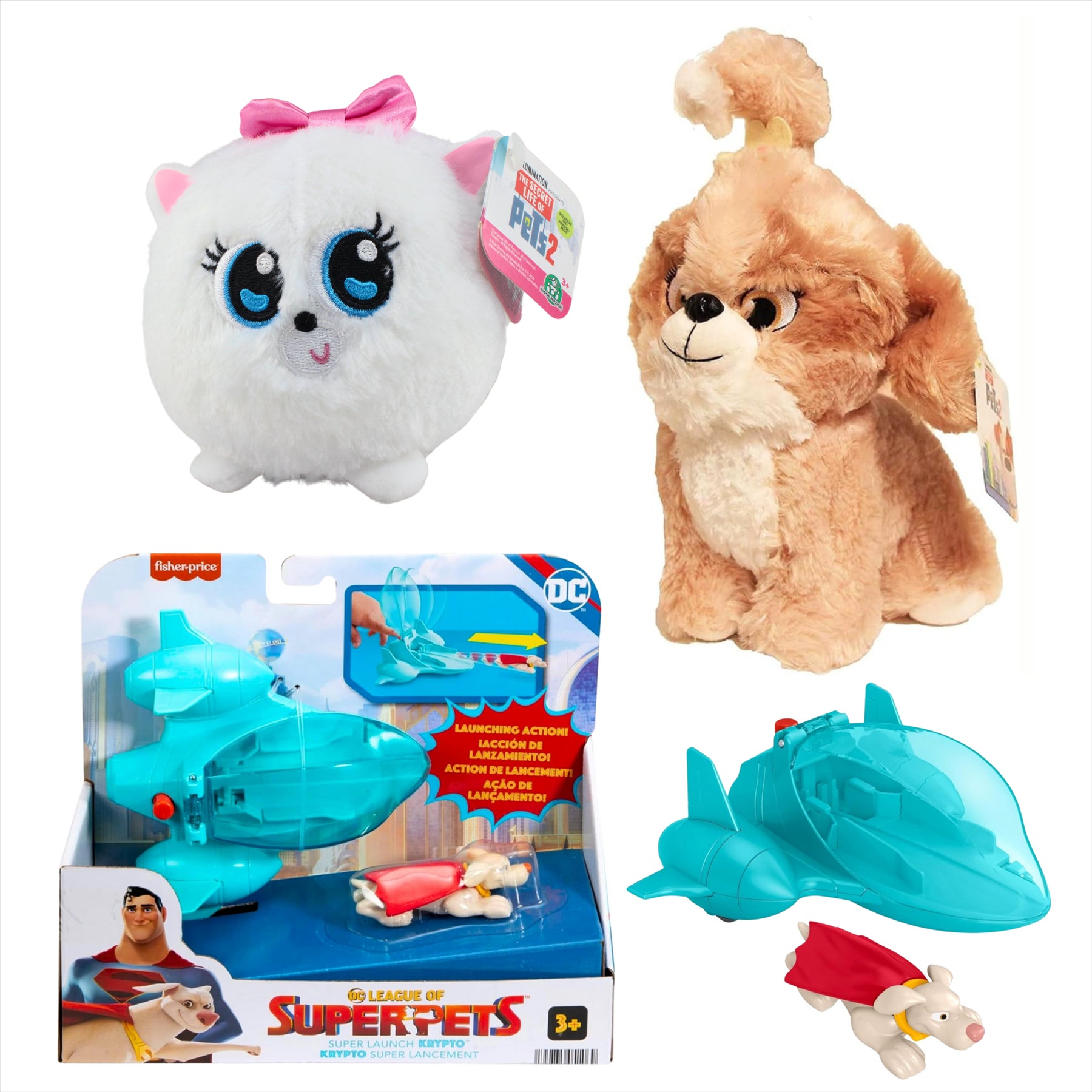 Secret Life of Pets Daisy 25cm Plush, Gidget 15cm Slo Foam Plush, and DC League of Super Pets Super Launch Krypto Playset - 3-Piece Bundle - Toptoys2u