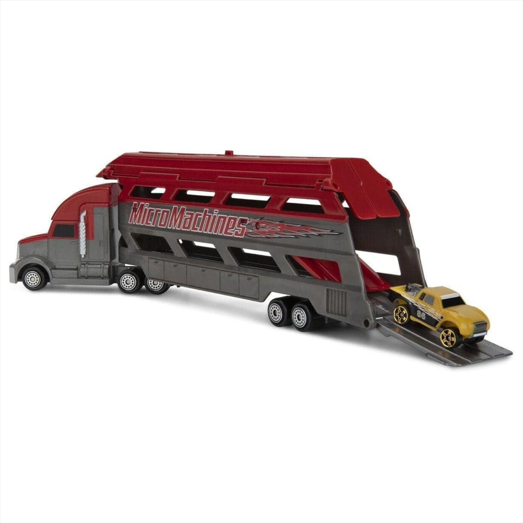 Micro Machines - Red Mini Vehicle Hauler With 1 Exclusive Vehicle & Stunt Pack #5 - 3 Pack - Toptoys2u