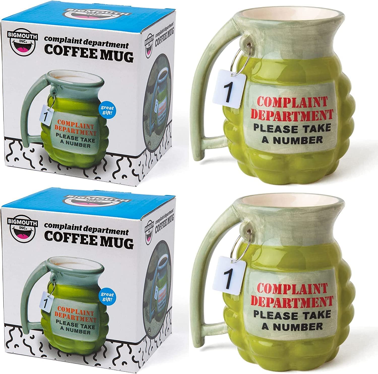 Big Mouth Novelty Gift Mugs Sets - 2X 400ml Complaints Department Grenade Mug - Toptoys2u