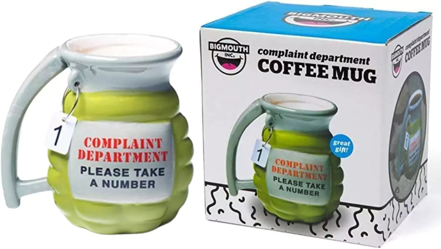 Big Mouth Novelty Grenade Gift Set - Complaints Department Desk Sign & 400ml Coffee Mug - Toptoys2u