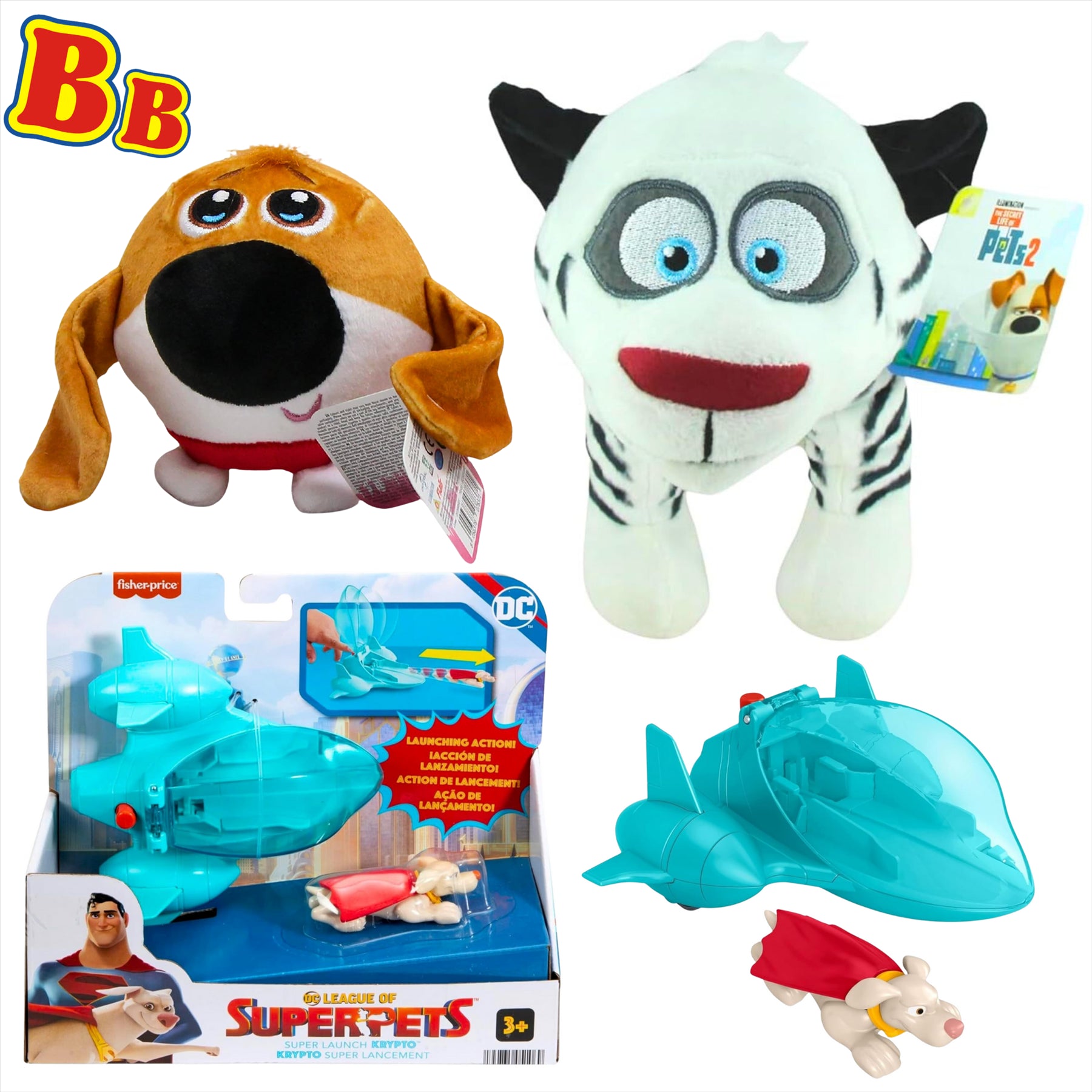 Secret Life of Pets Hu 25cm Plush, Tiny 15cm Slo Foam Plush, and DC League of Super Pets Super Launch Krypto Playset - 3-Piece Bundle - Toptoys2u