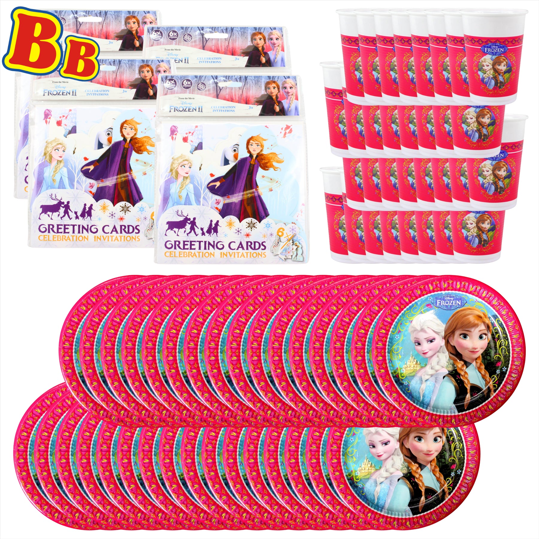 Disney Frozen Partyware Illustrated Cards and Tableware Set - Pack of 24 Invites, 32 Cups, and 32 Plates - Toptoys2u