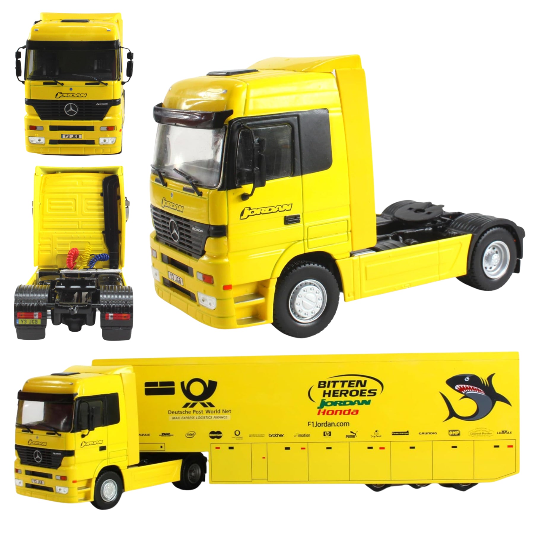 F1 Formula 1 - Centauria 1:43 Scale Large Diecast Articulated HGV Lorry & Trailer - Jordan Mercedes Actros Official Team Transport - 36cm in Length - Toptoys2u