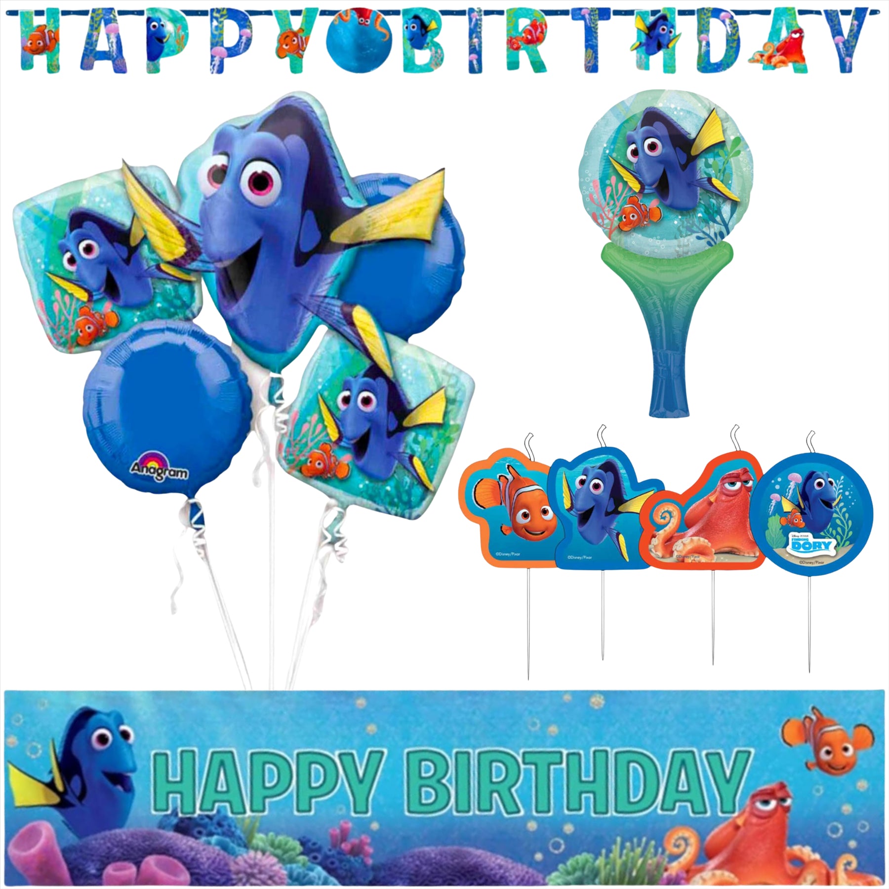 Finding Dory Partyware Sets - 5-Piece Party Bundle - Balloons, Candles, and Banners - Toptoys2u