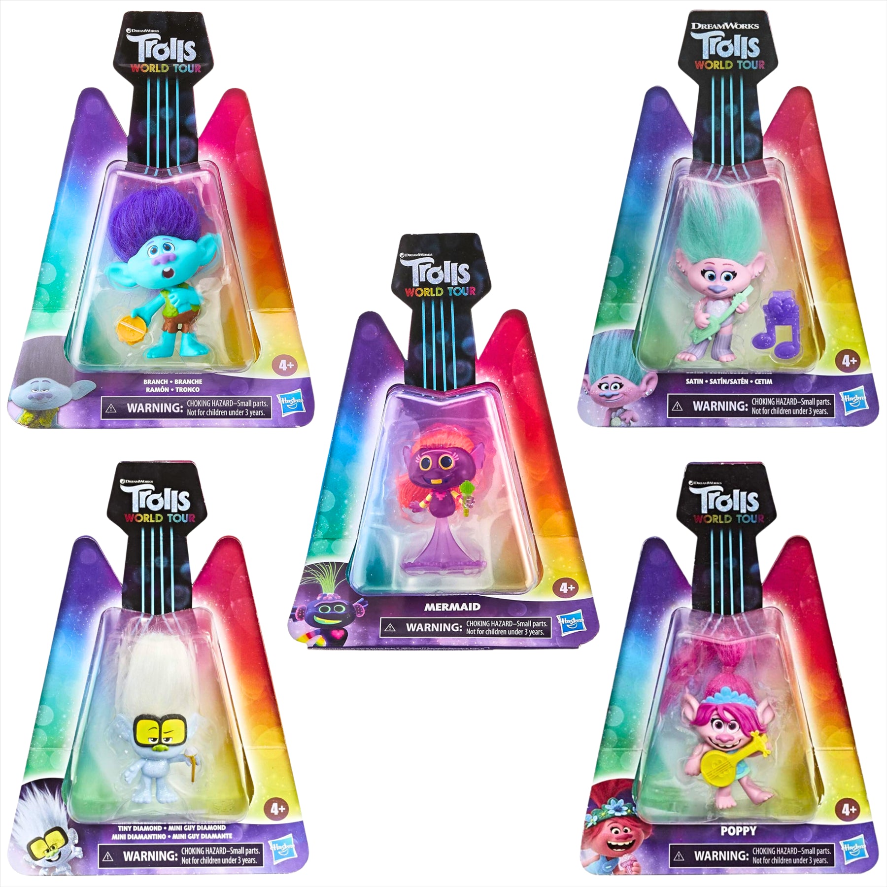 Trolls World Tour Miniature Toy Figures with Musical Instrument Accessories - Pack of 5 - Branch, Satin, Mermaid, Tiny Diamond, & Poppy - Toptoys2u