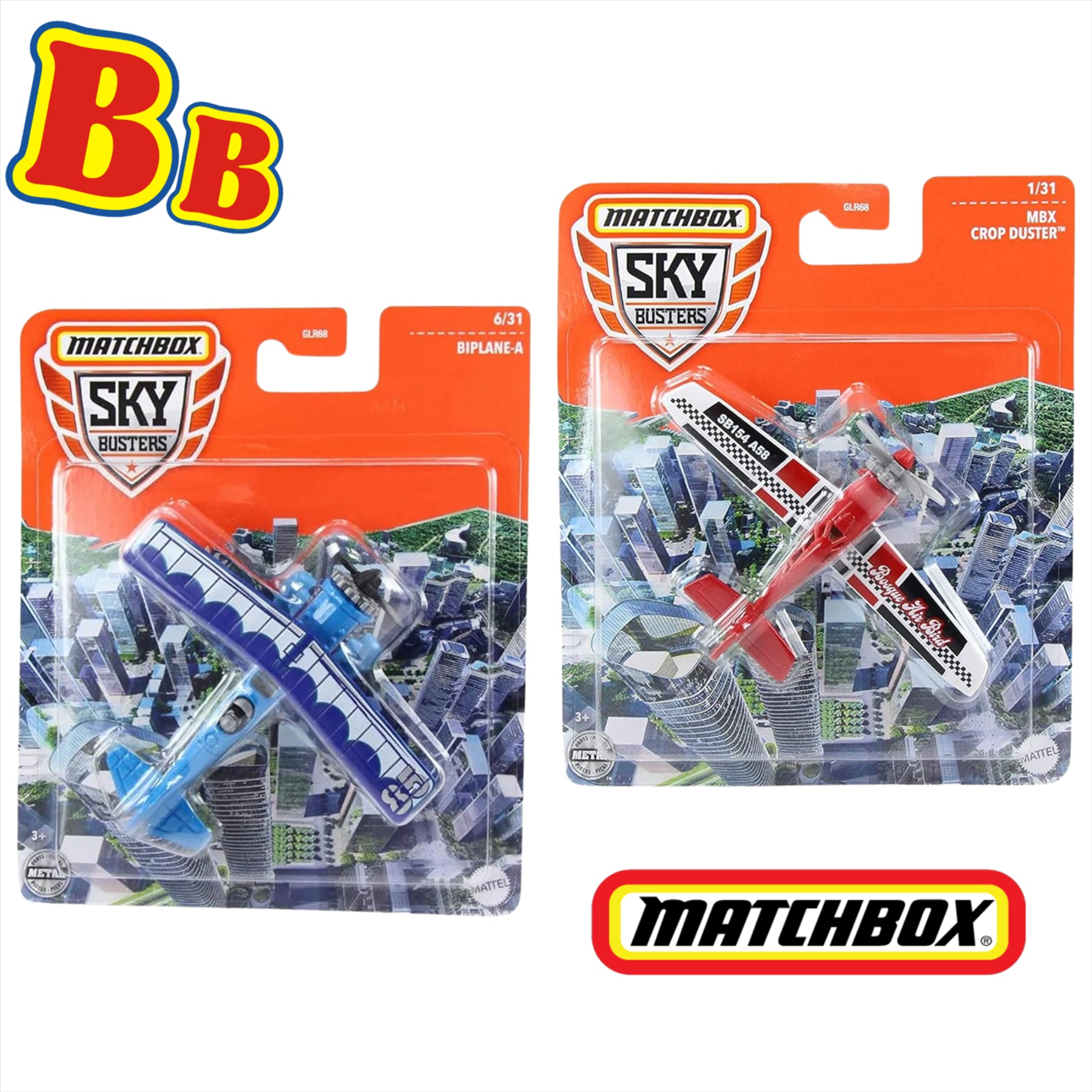 Matchbox Sky Busters Diecast Models 2 Pack Bundle - Biplane-A & MBX Crop Duster - Toptoys2u