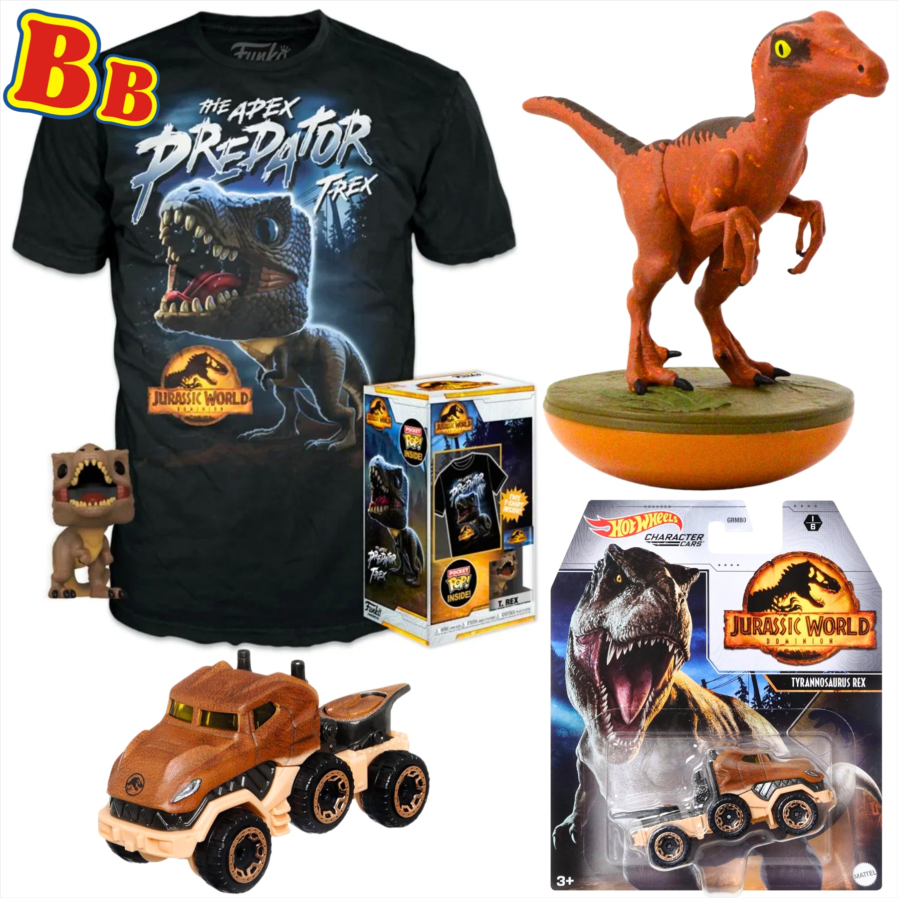 Jurassic World Funko T-Rex Large Children's T-Shirt with Pocket Pop!, Hot Wheels T-Rex Diecast Model Vehicle, and Revos Raptor 10cm Collectible Vinyl Figure Figure - 3-Piece Bundle - Toptoys2u