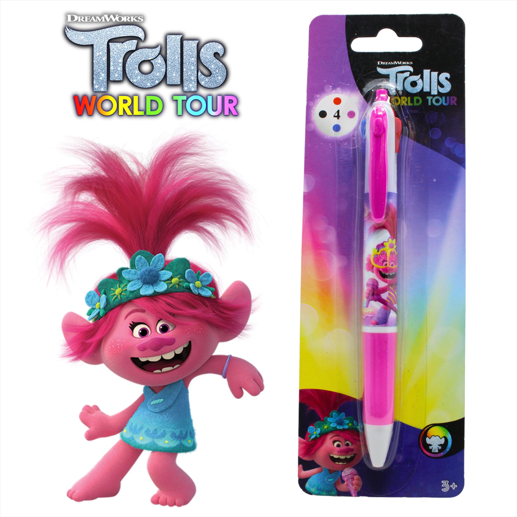 Trolls World Tour Poppy Multi Colour Pen - Red, Blue, Black, and Pink - Toptoys2u