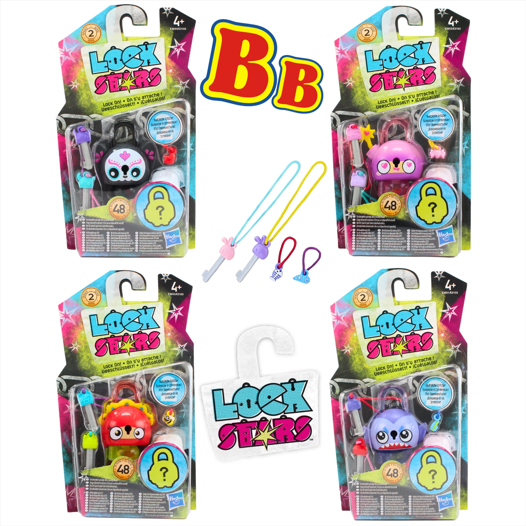 Lock Stars Series 2 Collectible Miniature 7cm Toy Figure Lock-On Clip with Accessories - Pack of 4, Set 2 - Sugar Skull Cat, Pink Bomb, Flower, & Shark Blue - Toptoys2u