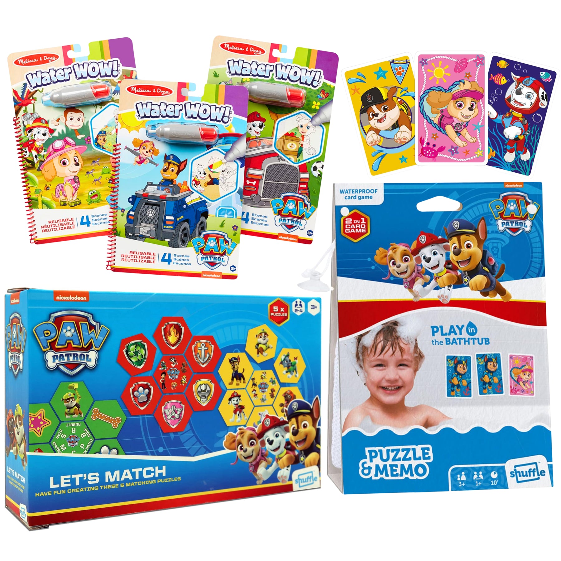 Paw Patrol Let's Match Puzzle Pack, Waterproof 2-in-1 Memo Shuffle Card Game, and 3 Water Wow! Activity Books - 5-Piece Bundle - Toptoys2u