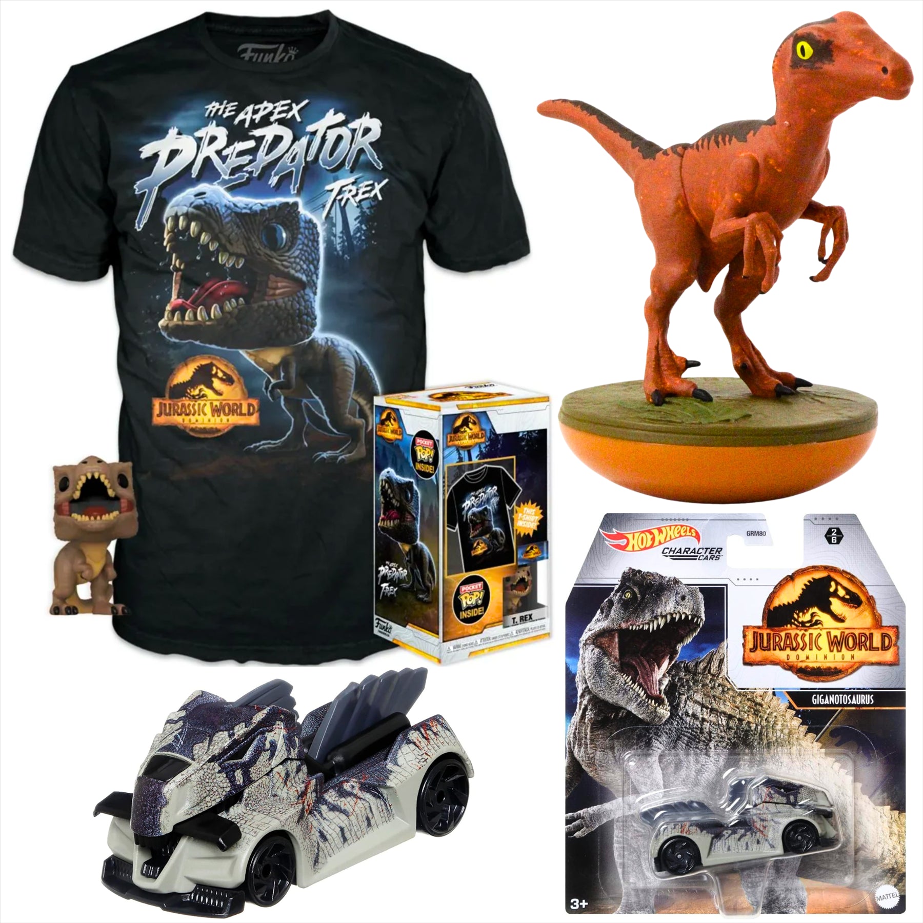 Jurassic World Funko T-Rex Large Children's T-Shirt with Pocket Pop!, Hot Wheels Gigantosaurus Diecast Model Vehicle, and Revos Raptor 10cm Collectible Vinyl Figure Figure - 3-Piece Bundle - Toptoys2u