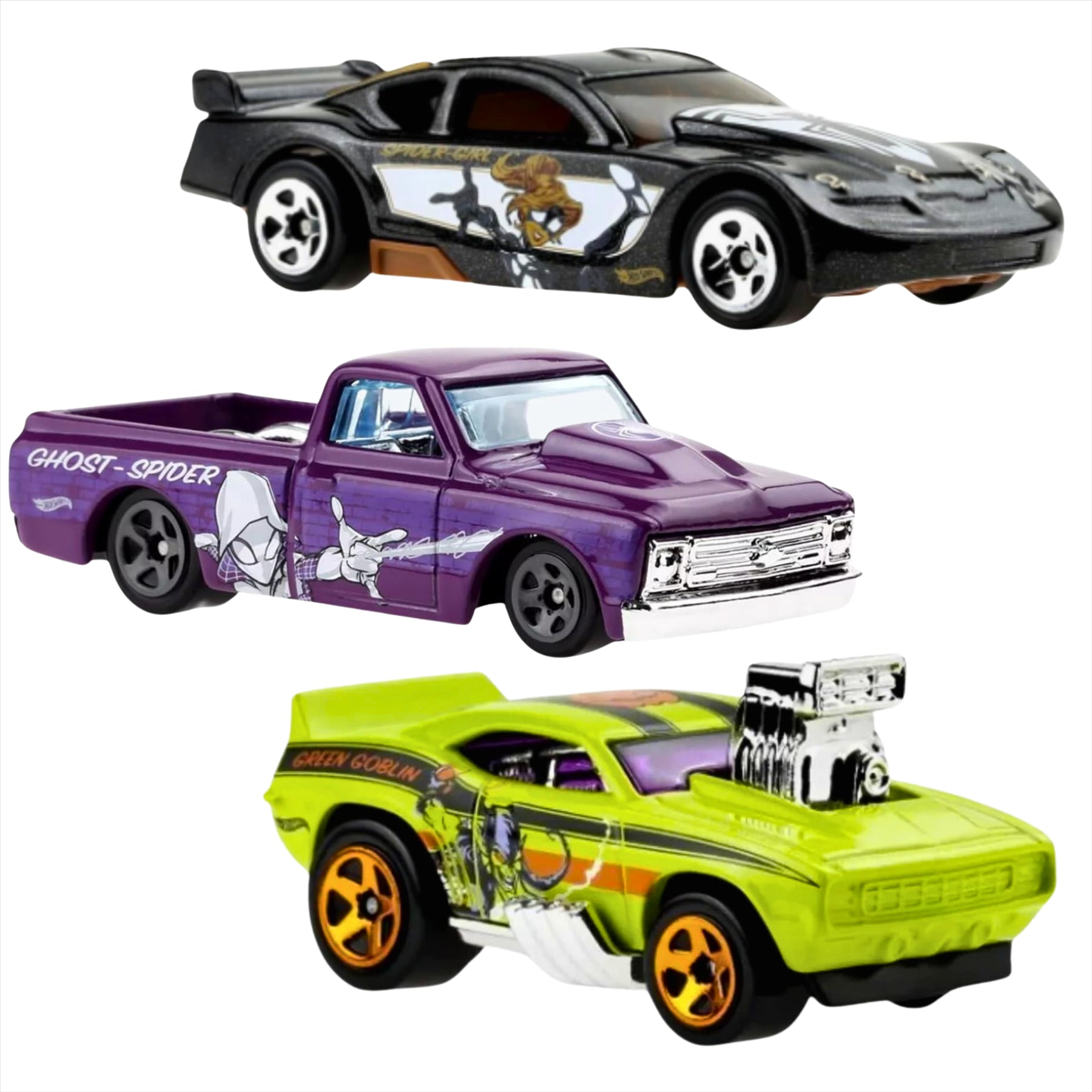 Hot Wheels Character Cars Marvel Spiderman 1:64 Scale Diecast Model Vehicles - Spider Girl Circle Tracker, Green Goblin Camaro Z28, & Ghost Spider 67 Chevy - Pack of 3 - Toptoys2u