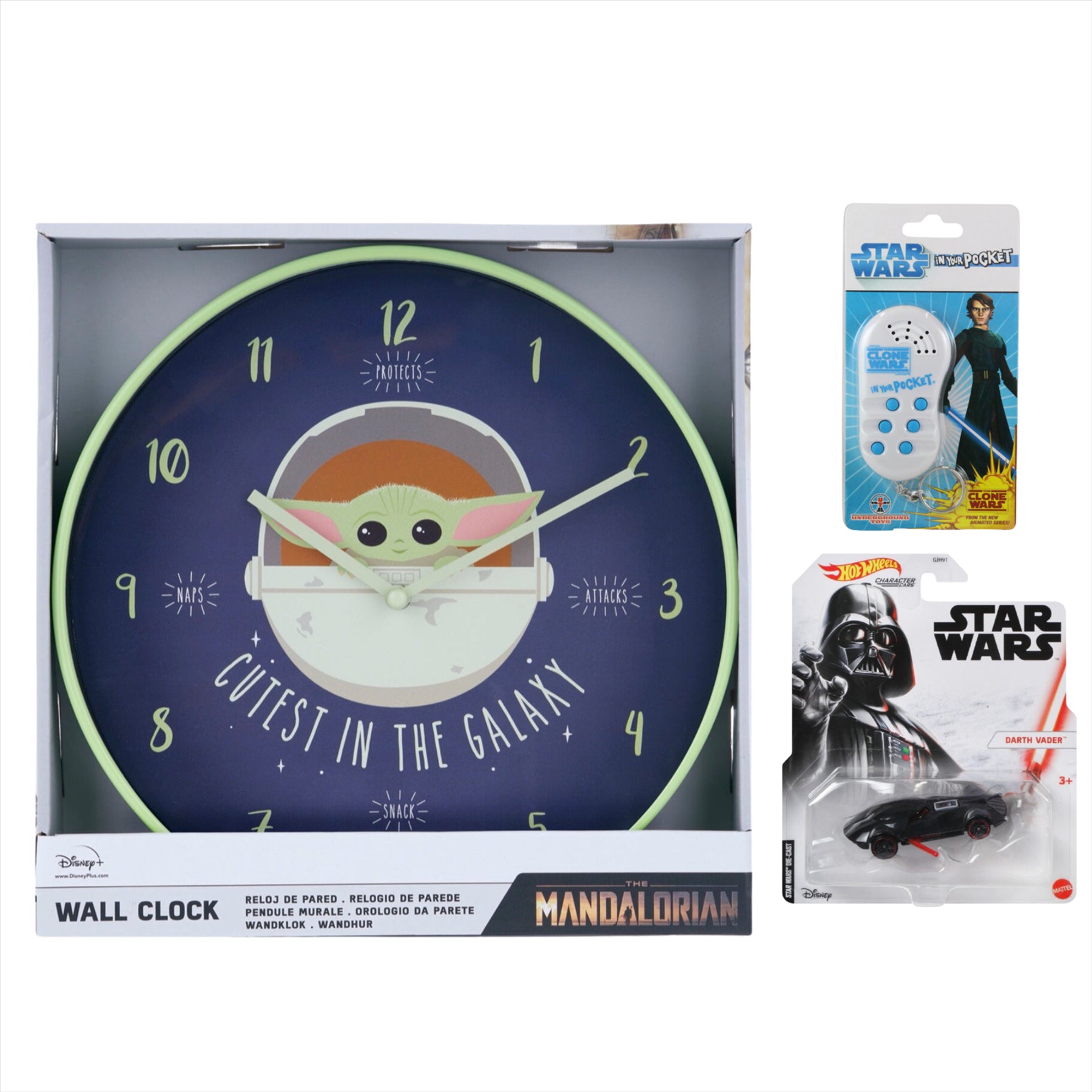 Star-Wars The Child Wall Clock, Clone Wars Voice Keychain and Hot Wheels Character Car Darth Vader - Toptoys2u