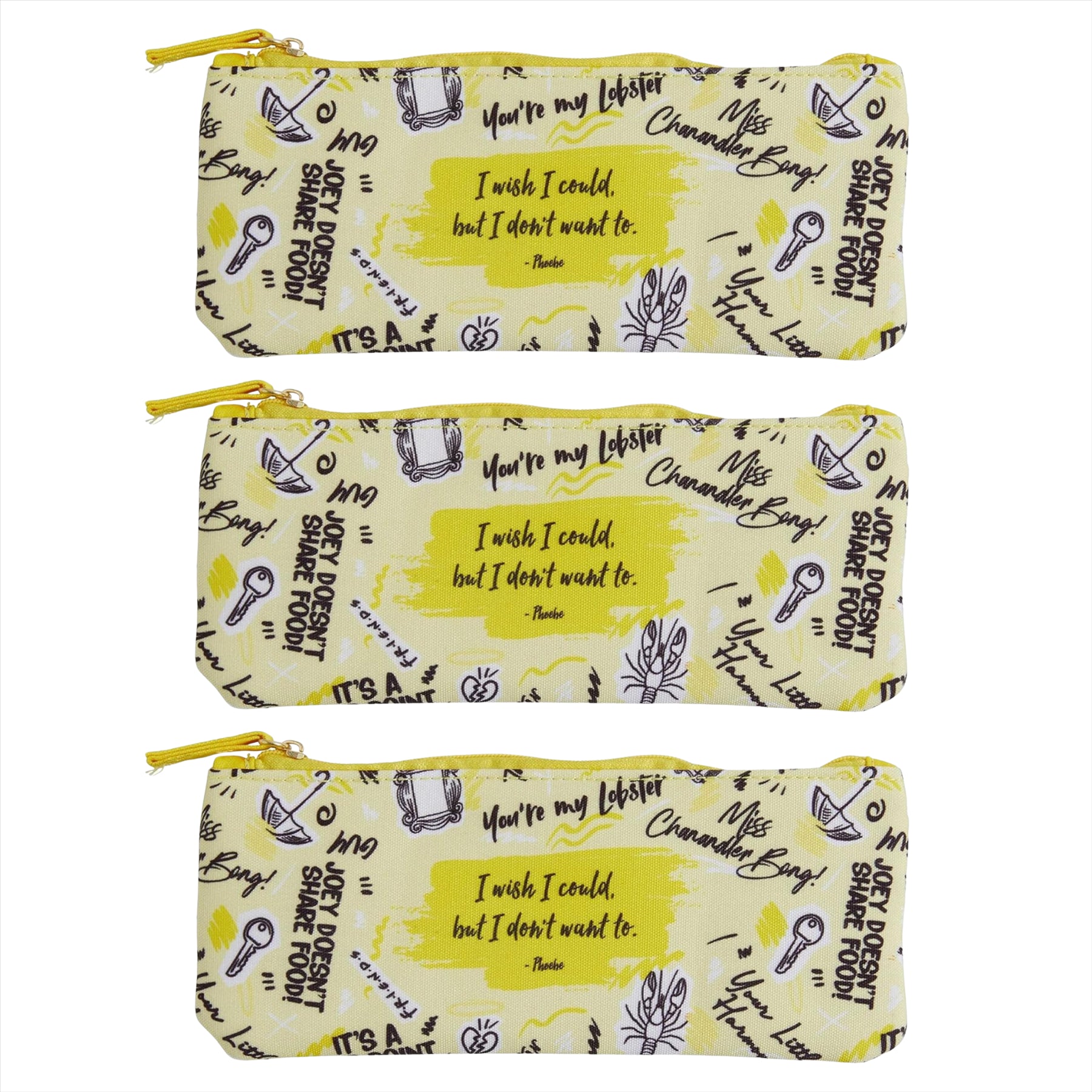 Friends TV Show 20cm Phoebe Quote Yellow Pencil Cases - Pack of 3 - Toptoys2u