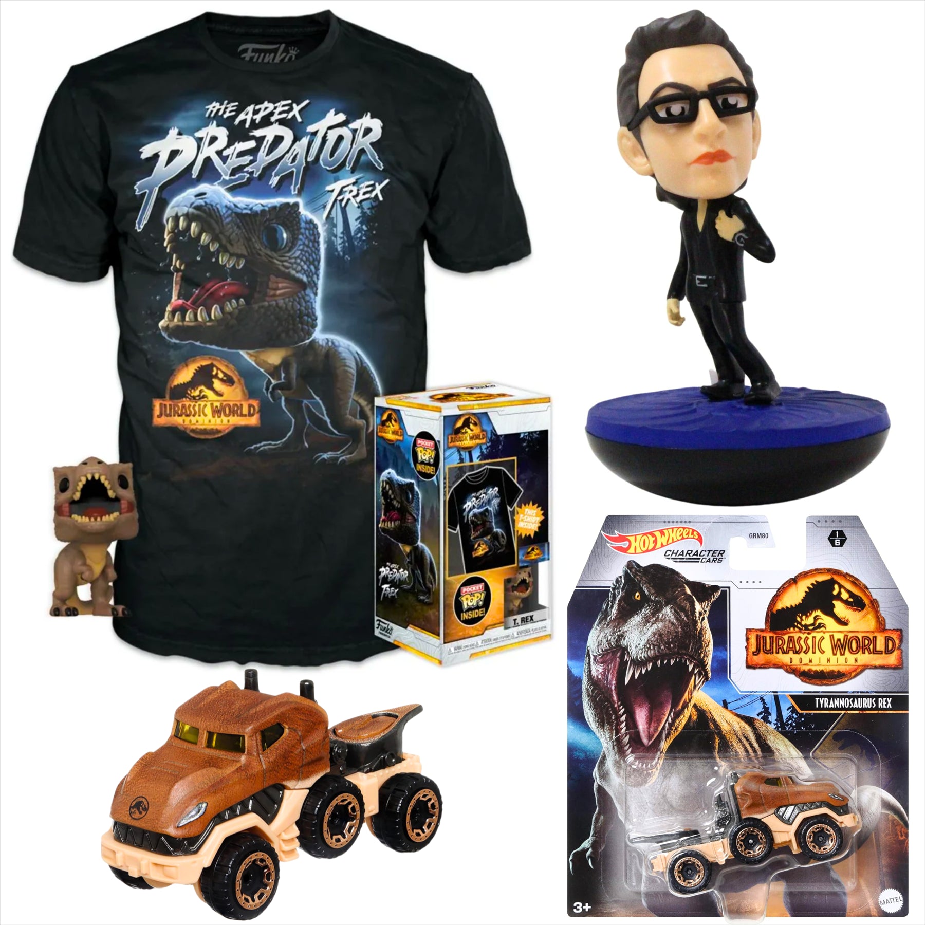 Jurassic World Funko T-Rex Large Children's T-Shirt with Pocket Pop!, Hot Wheels T-Rex Diecast Model Vehicle, and Revos Ian Malcolm 10cm Collectible Vinyl Figure Figure - 3-Piece Bundle - Toptoys2u