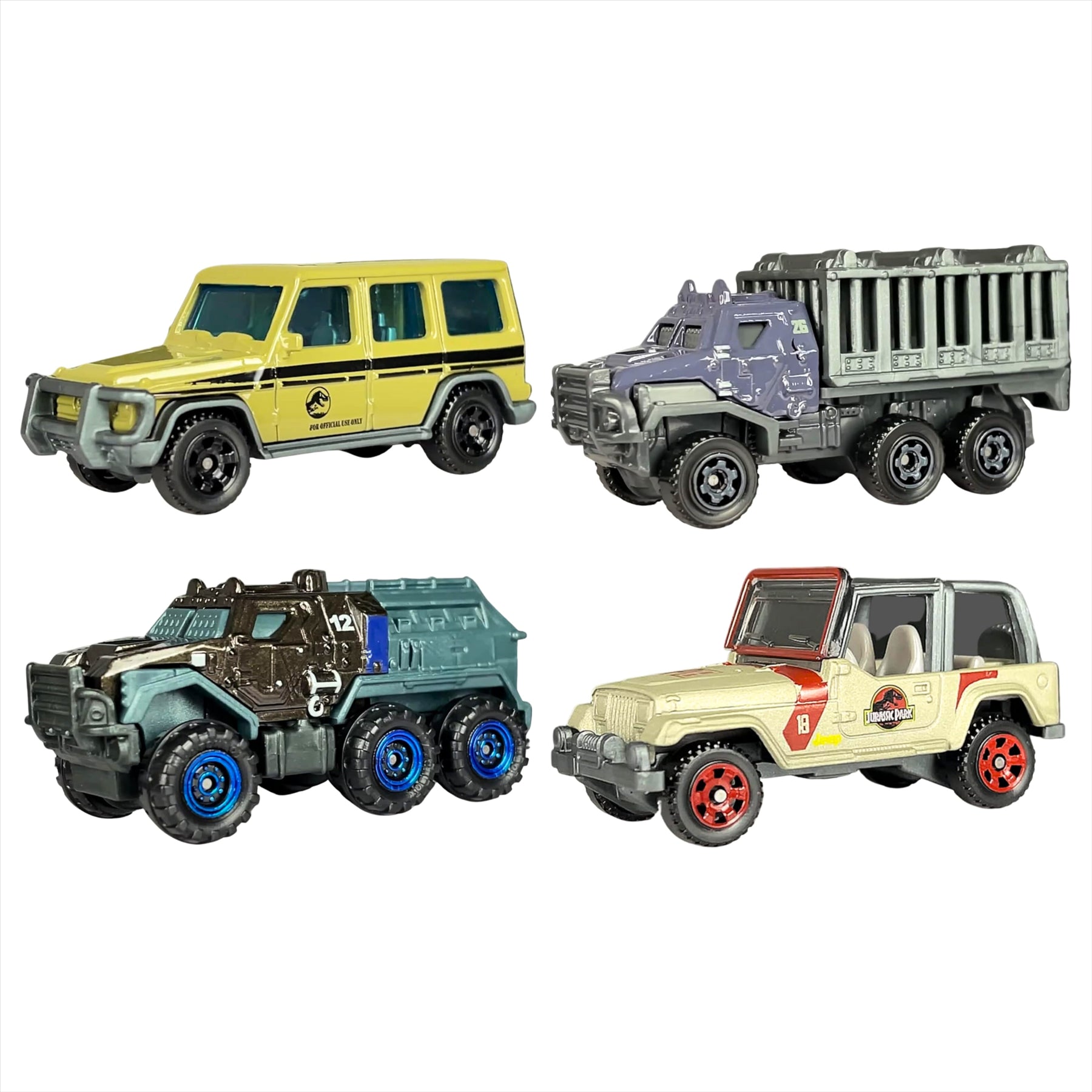 Jurassic World Matchbox Diecast 1:64 Scale Model Vehicle Toys - Pack of 4 - '14 Benz G 550, Armored Action Transporter, Armored Action Truck, '93 Wrangler #18 - Toptoys2u