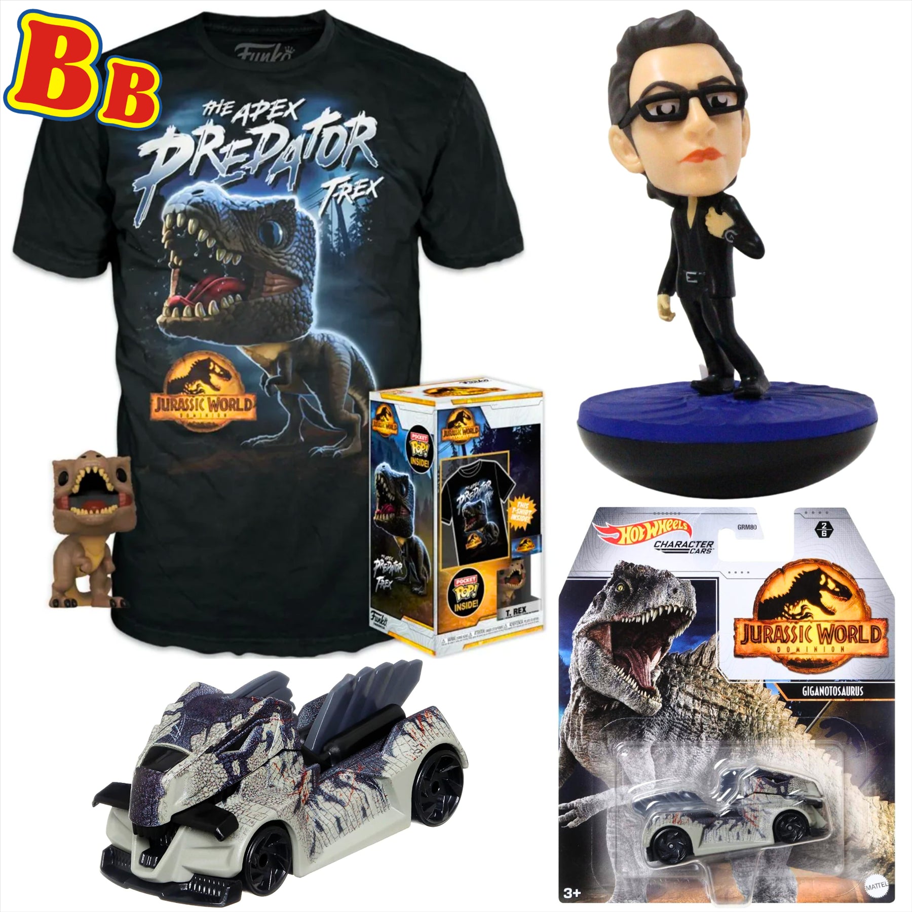 Jurassic World Funko T-Rex Large Children's T-Shirt with Pocket Pop!, Hot Wheels Gigantosaurus Diecast Model Vehicle, and Revos Ian Malcolm 10cm Collectible Vinyl Figure Figure - 3-Piece Bundle - Toptoys2u