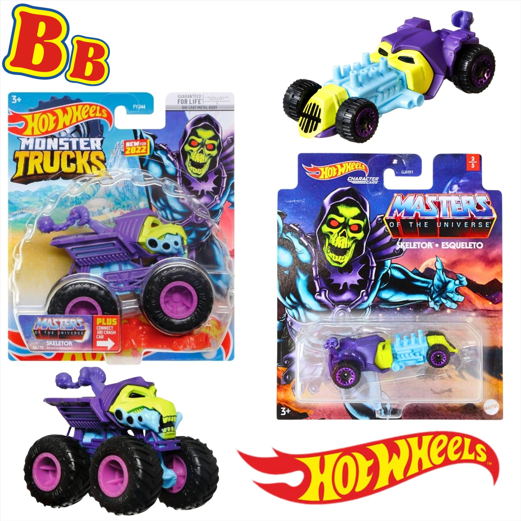 Hot Wheels Skeletor Monster Truck and Character Car Diecast Toy Bundle - Toptoys2u