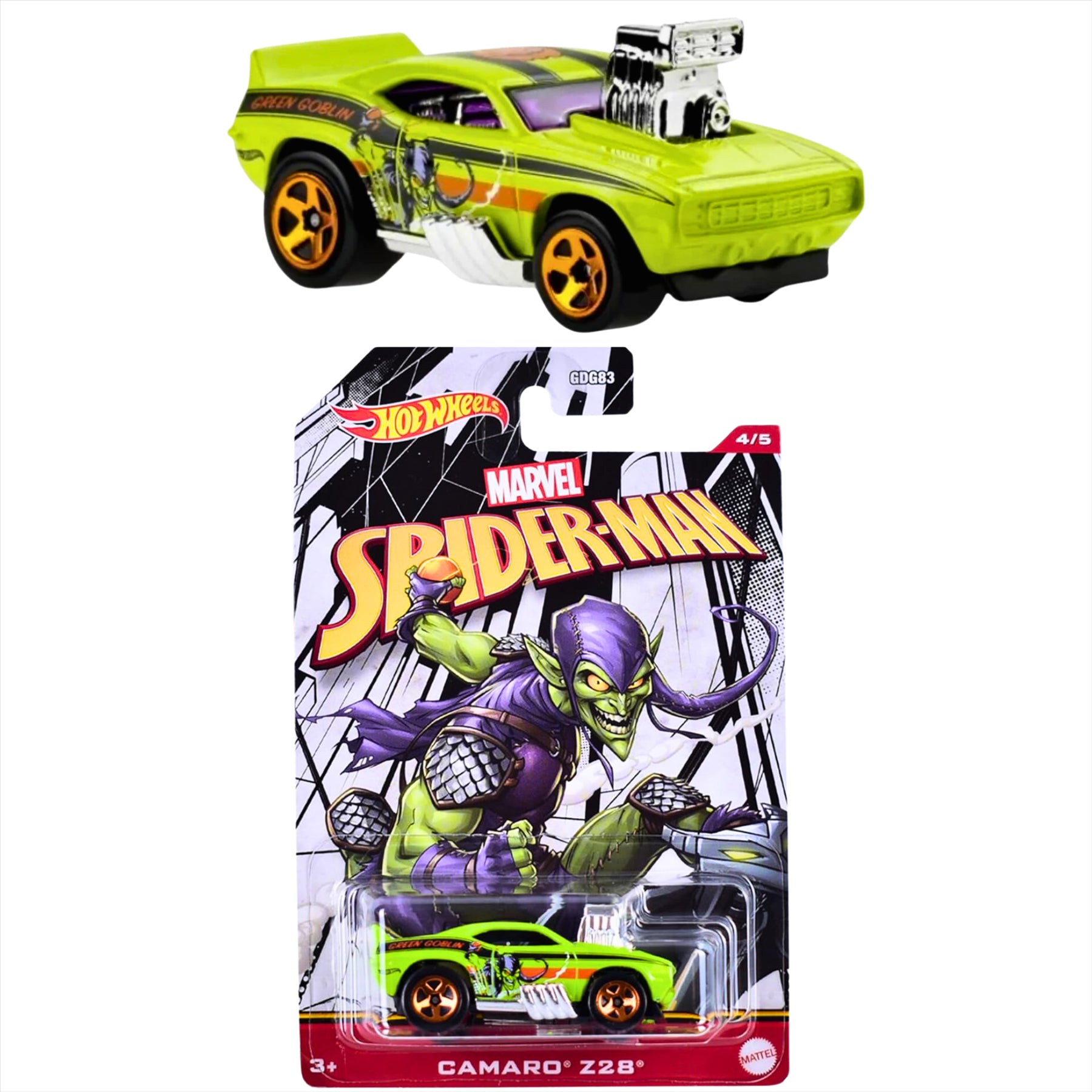 Hot Wheels Character Cars Marvel Spiderman 1:64 Scale Diecast Model Vehicles - Spider Girl Circle Tracker, Green Goblin Camaro Z28, & Ghost Spider 67 Chevy - Pack of 3 - Toptoys2u