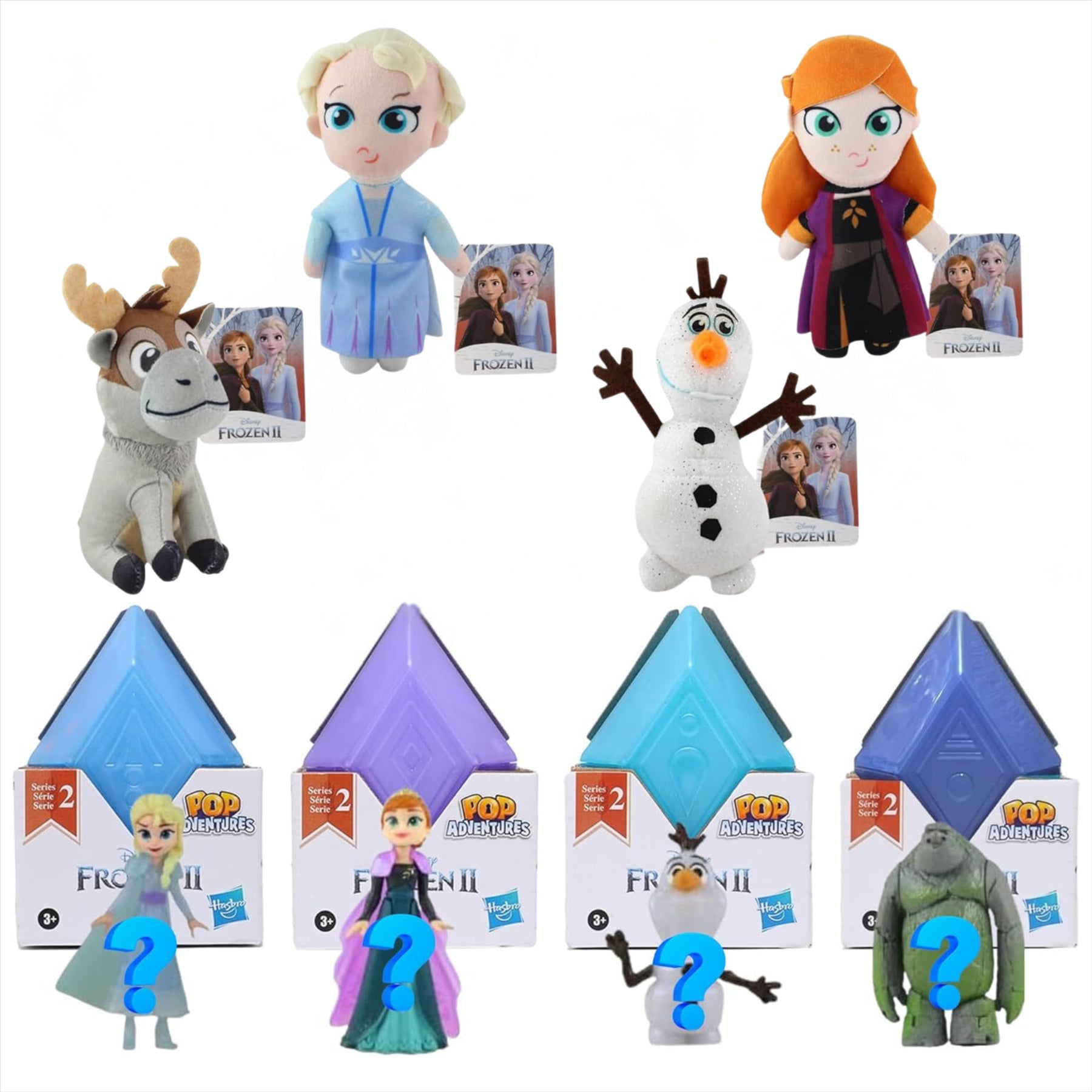 Frozen 2 Elsa, Anna, Olaf, and Sven Pack of 4 Super Soft 12cm Plush Toys + 4x Mystery Collectible Pop Adventures Figures - Toptoys2u