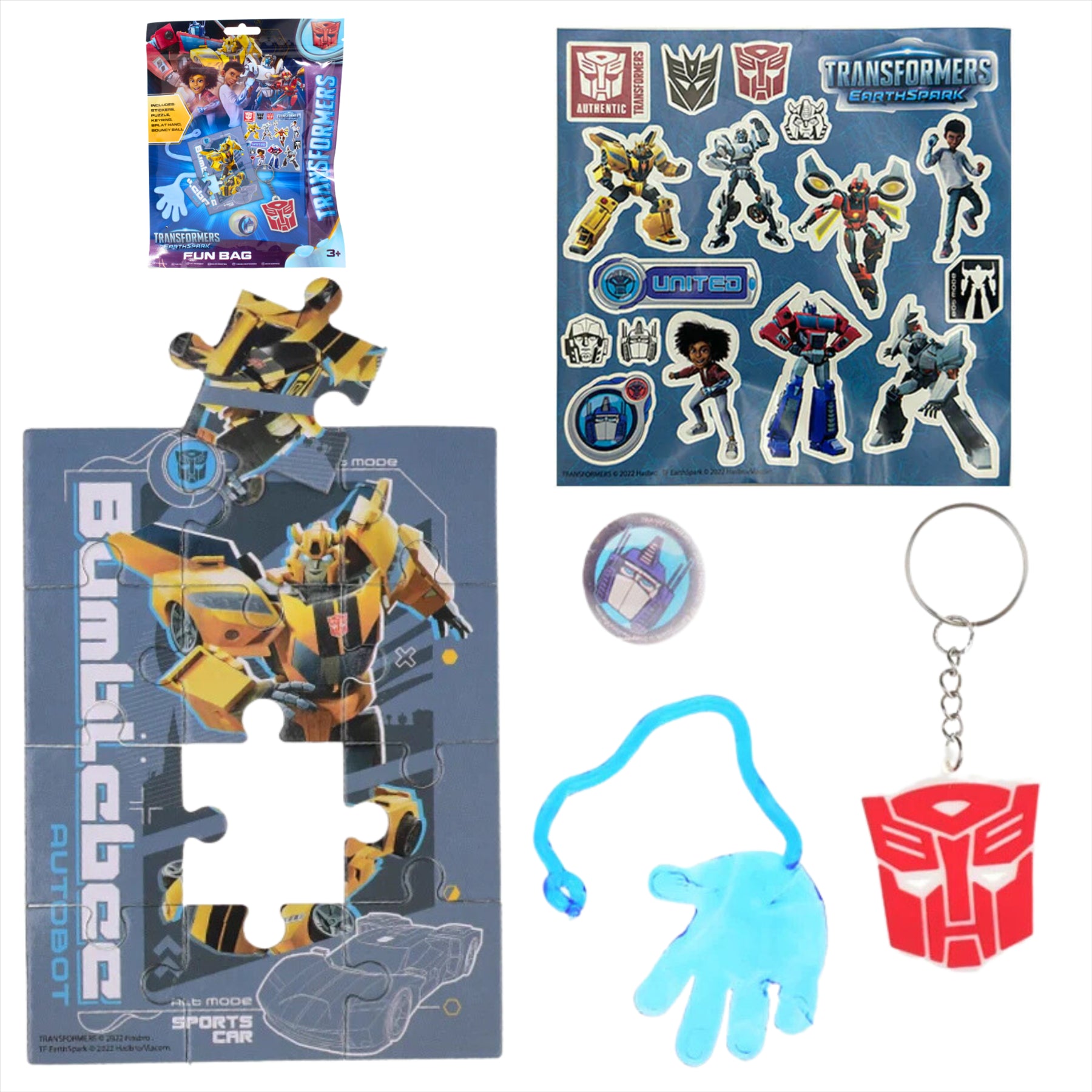 Transformers EarthSpark 5-Piece Fun Bag - Includes Stickers, Puzzle, Keyring, Splat Hand, and Bouncy Ball - Toptoys2u