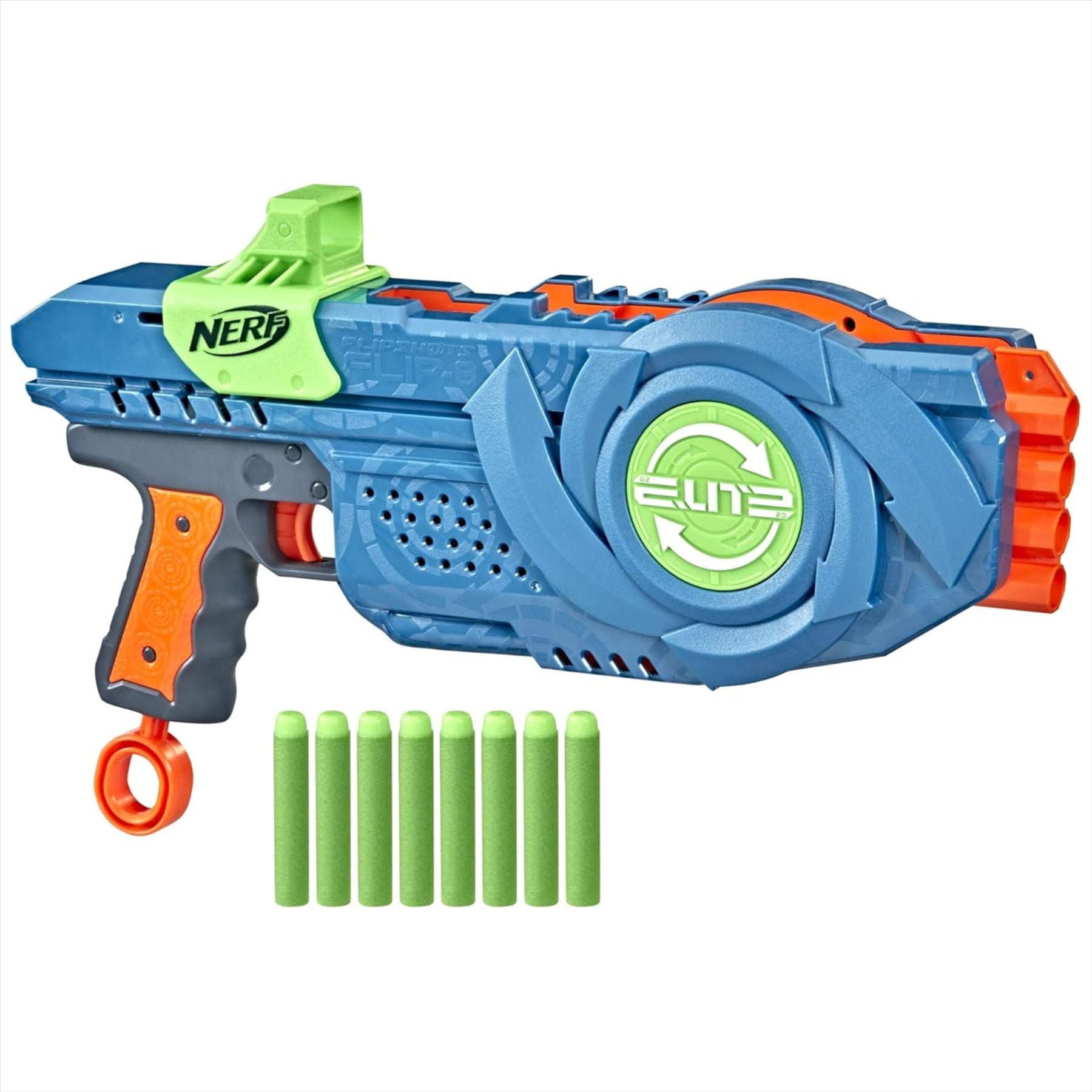 Nerf Elite 2.0 Flipshots Flip-8 Blaster, Deluxe Backpack, 650ml Water Bottle, Nitro Foam Toy Car 3-Pack, & 4 Mystery Disc Launcher Blind Bags - 8-Piece Bundle - Toptoys2u