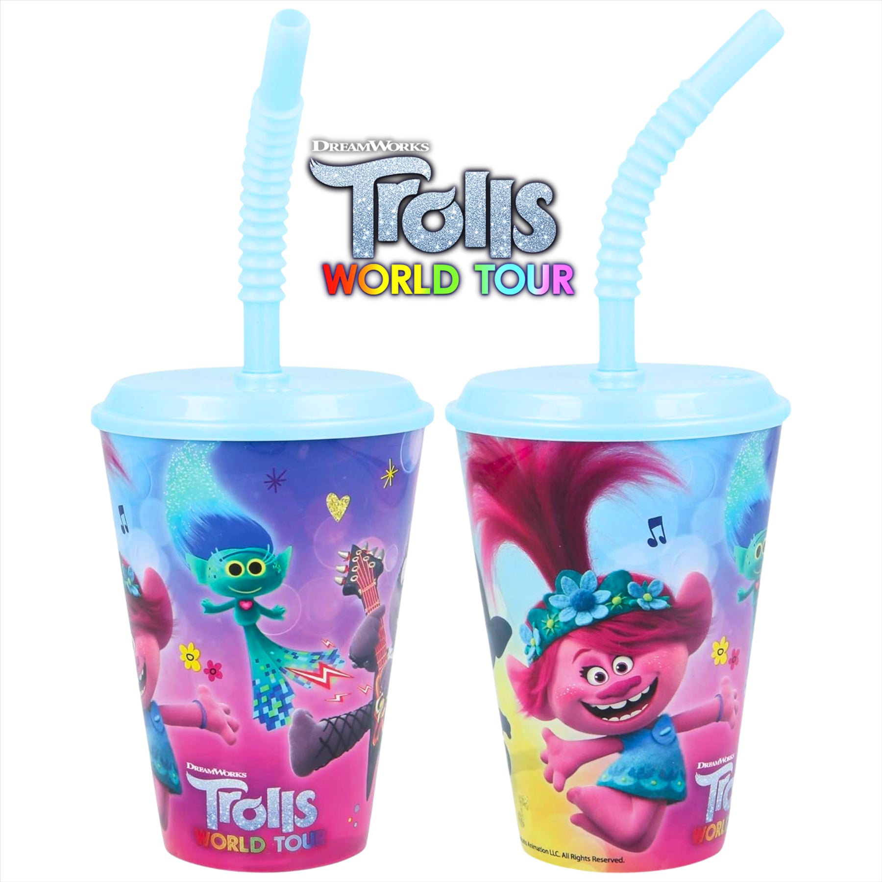 Trolls World Tour Plastic Cup with Straw - 430ml Drinking Cup Tumbler with Lid