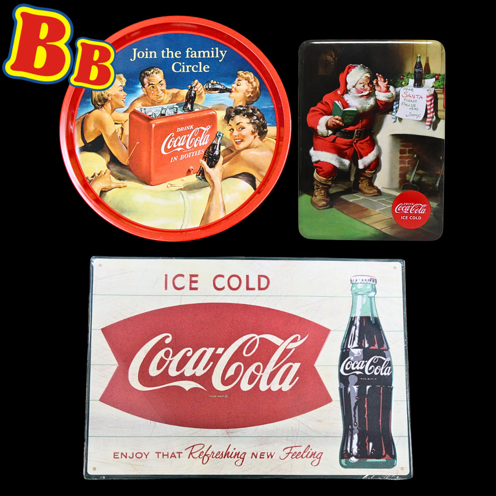 Coca Cola Merchandise 3 Pack - Santa Tin, Ice Cold Sign & Join The Family Serving Tray - Toptoys2u