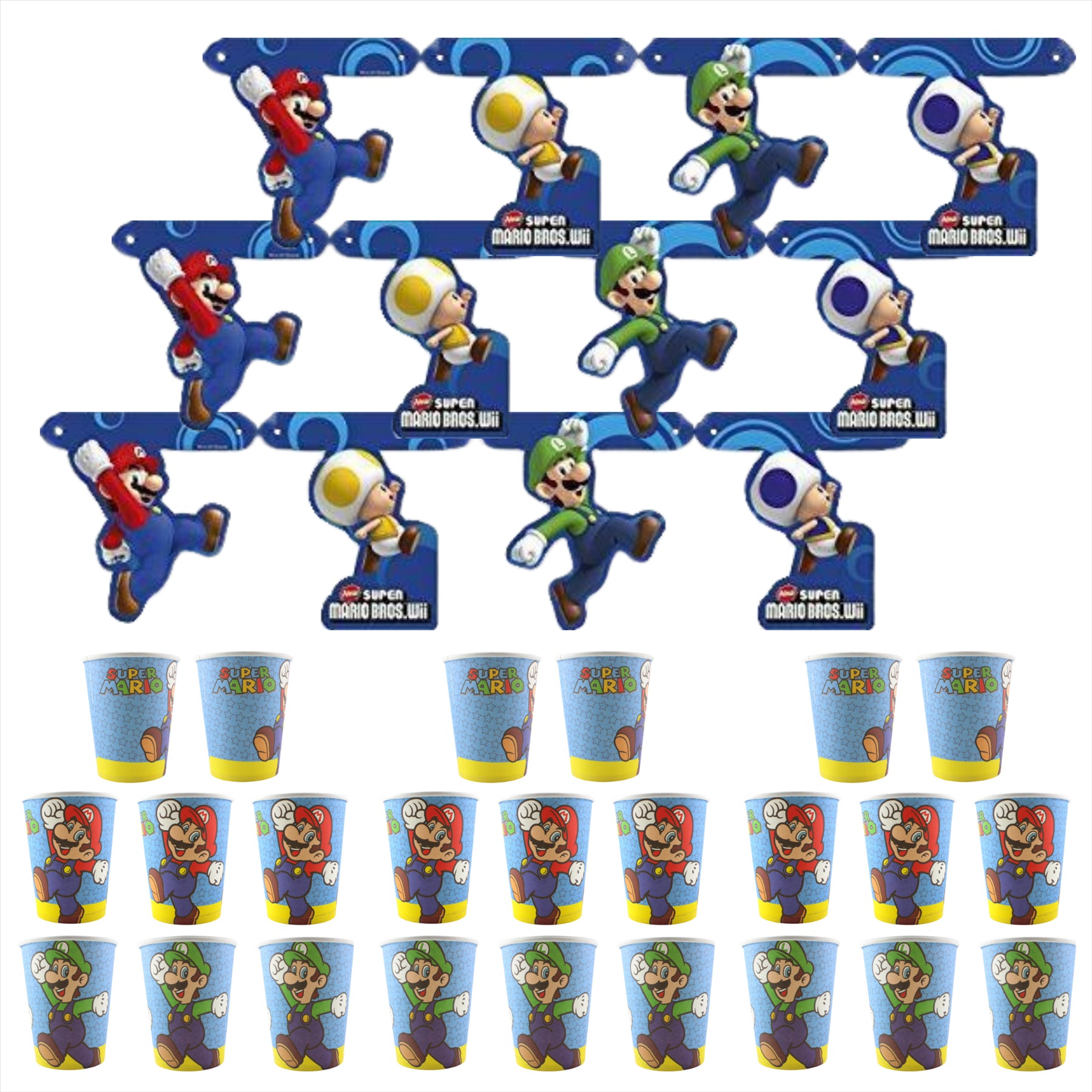 Super Mario Partyware - Pack of 3 Room Banners and 24 Paper Cups - Toptoys2u