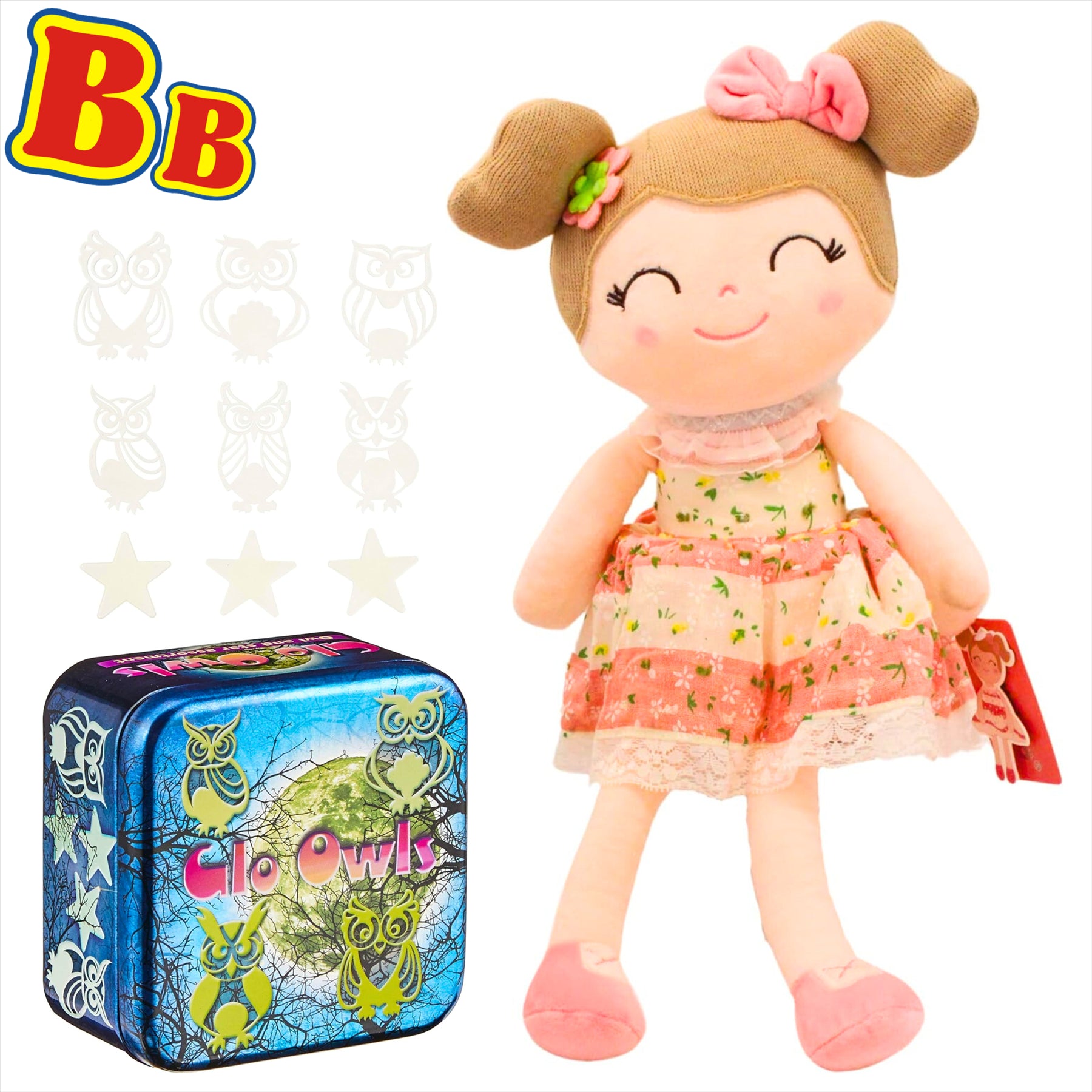 Gloveleya Super Soft Embroidered Pink Spring 40cm Plush Doll with 42 Glow in the Dark Owls and Stars