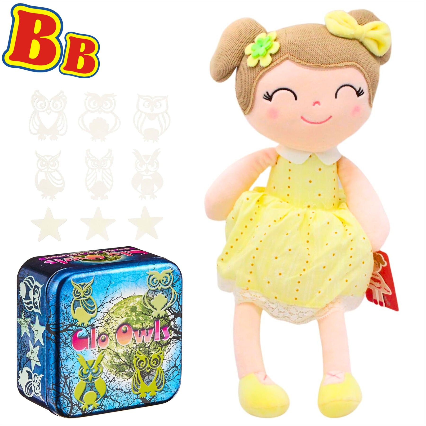 Gloveleya Super Soft Embroidered Yellow Daisy 40cm Plush Doll with 42 Glow in the Dark Owls and Stars