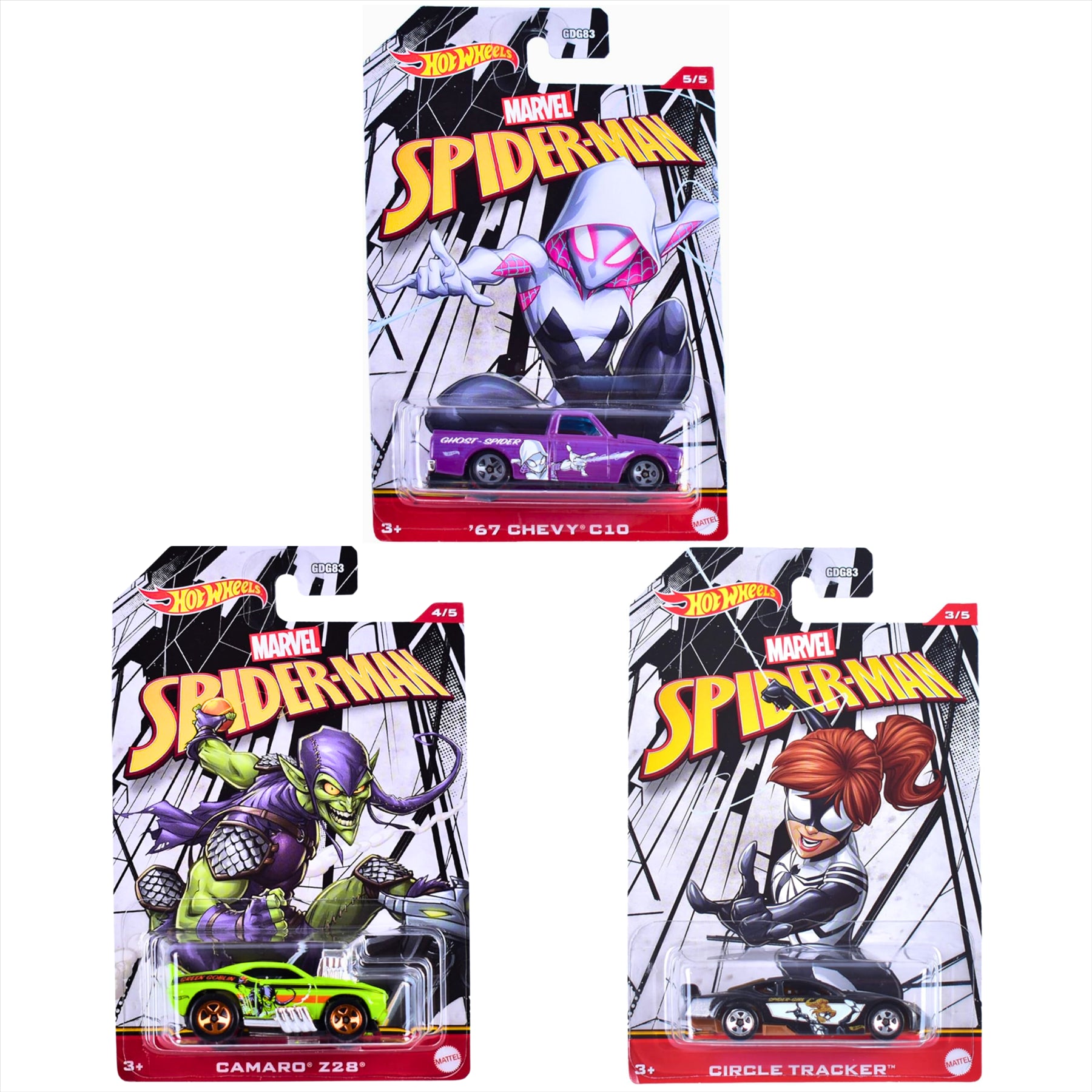 Hot Wheels Character Cars Marvel Spiderman 1:64 Scale Diecast Model Vehicles - Spider Girl Circle Tracker, Green Goblin Camaro Z28, & Ghost Spider 67 Chevy - Pack of 3 - Toptoys2u