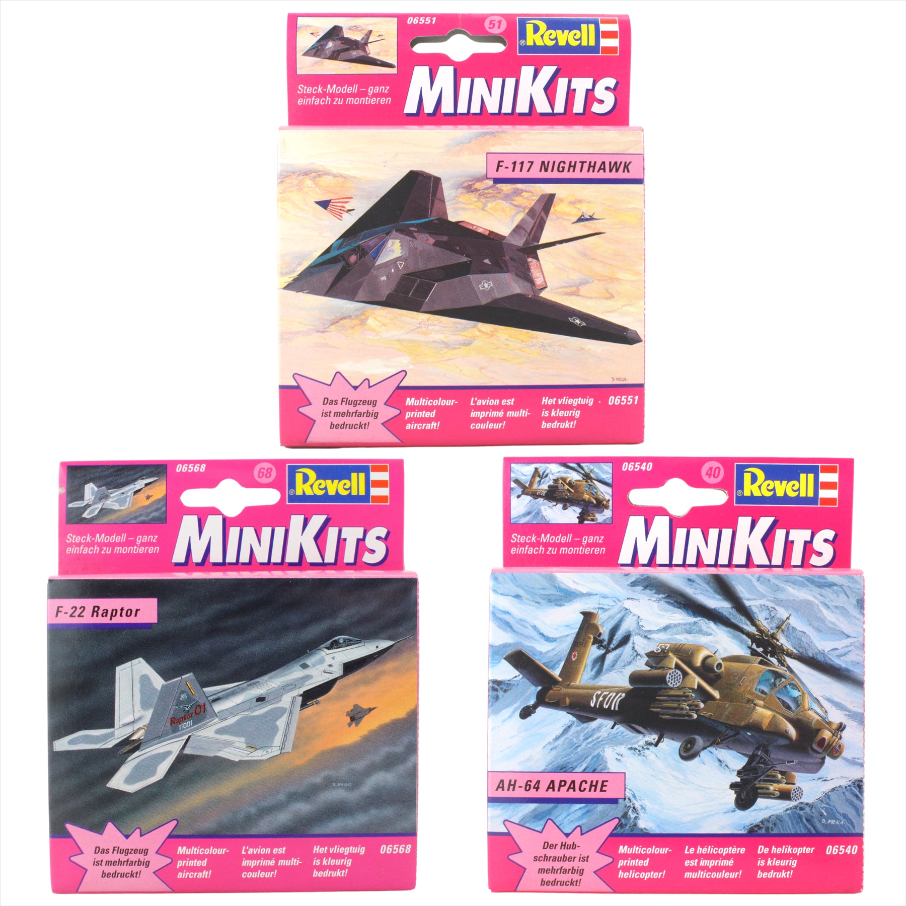 Revell MiniKits Model Plane Buildable Sets Pre Painted - Made in 2000 - F-117 Nighthawk, F-22 Raptor & AH-64 Apache - Set 4 - Pack of 3 - Toptoys2u