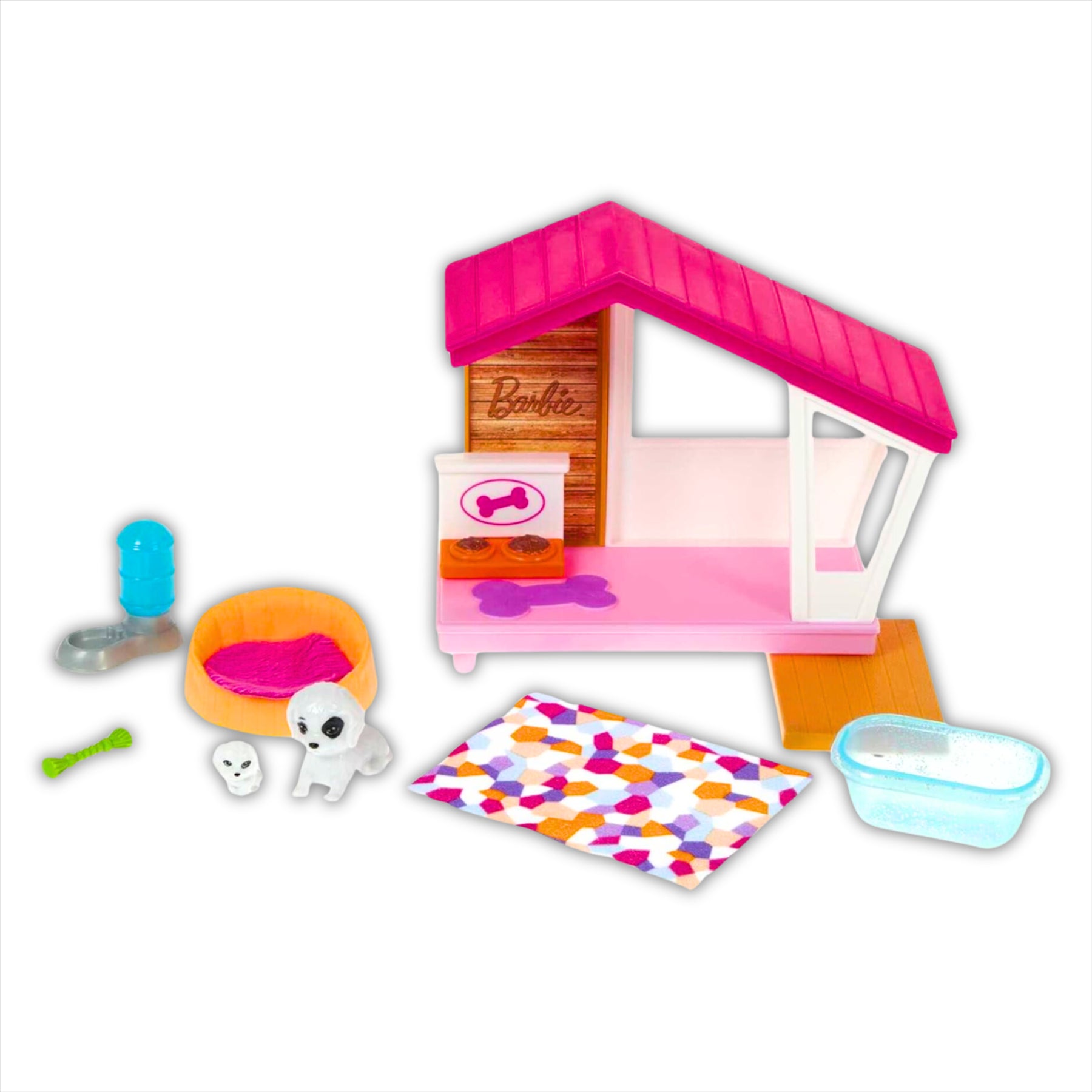 Barbie Dog Kennel Playset with Dogs and Accessories - Includes 2 Dog Figures, Kennel, Bed, Blanket, Bath, Water Bowl, and Chew Toy - Toptoys2u