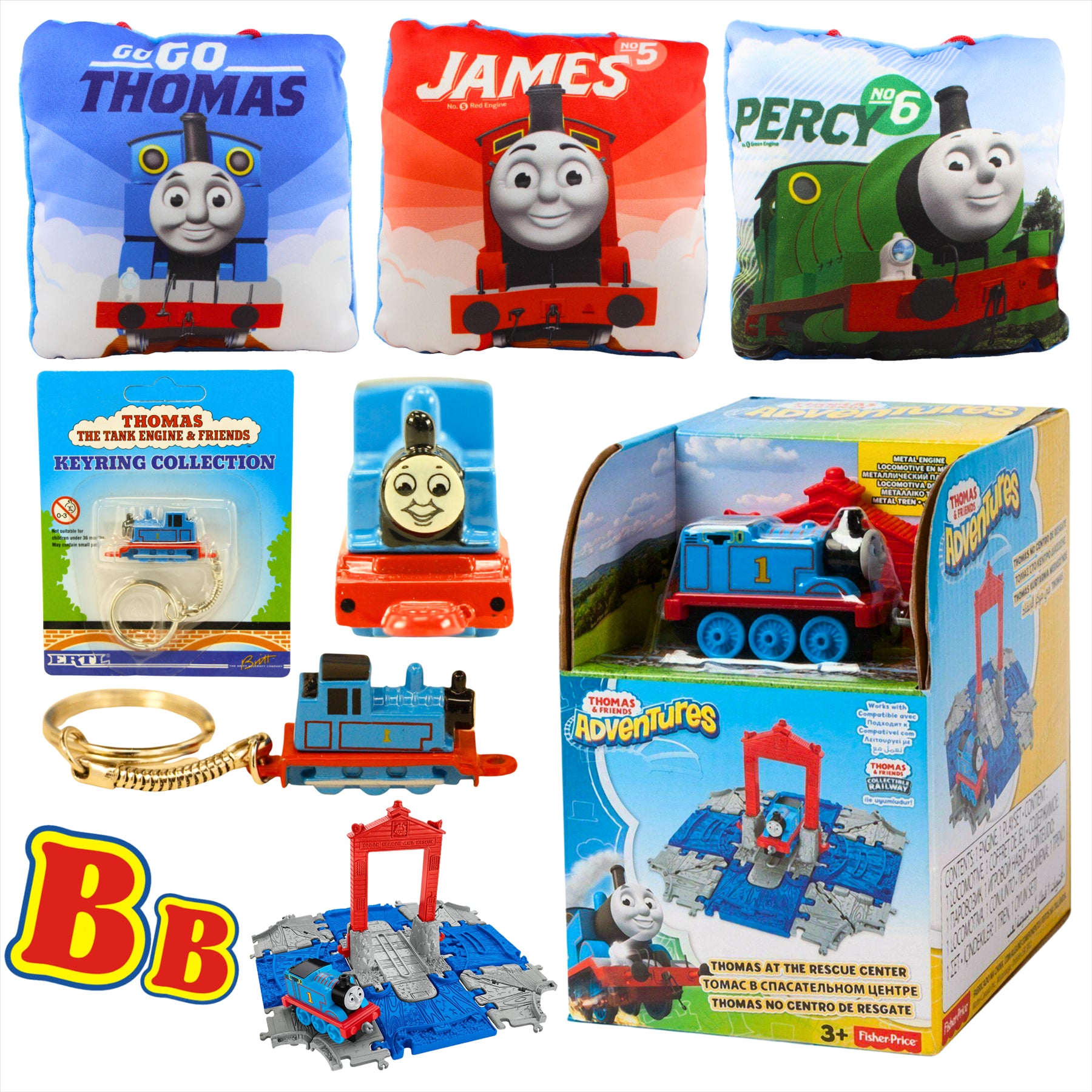 Thomas and Friends Rescue Center Toy Figure Playset, Diecast Thomas Keyring, and 3x 12cm Pillow Bundle - Toptoys2u