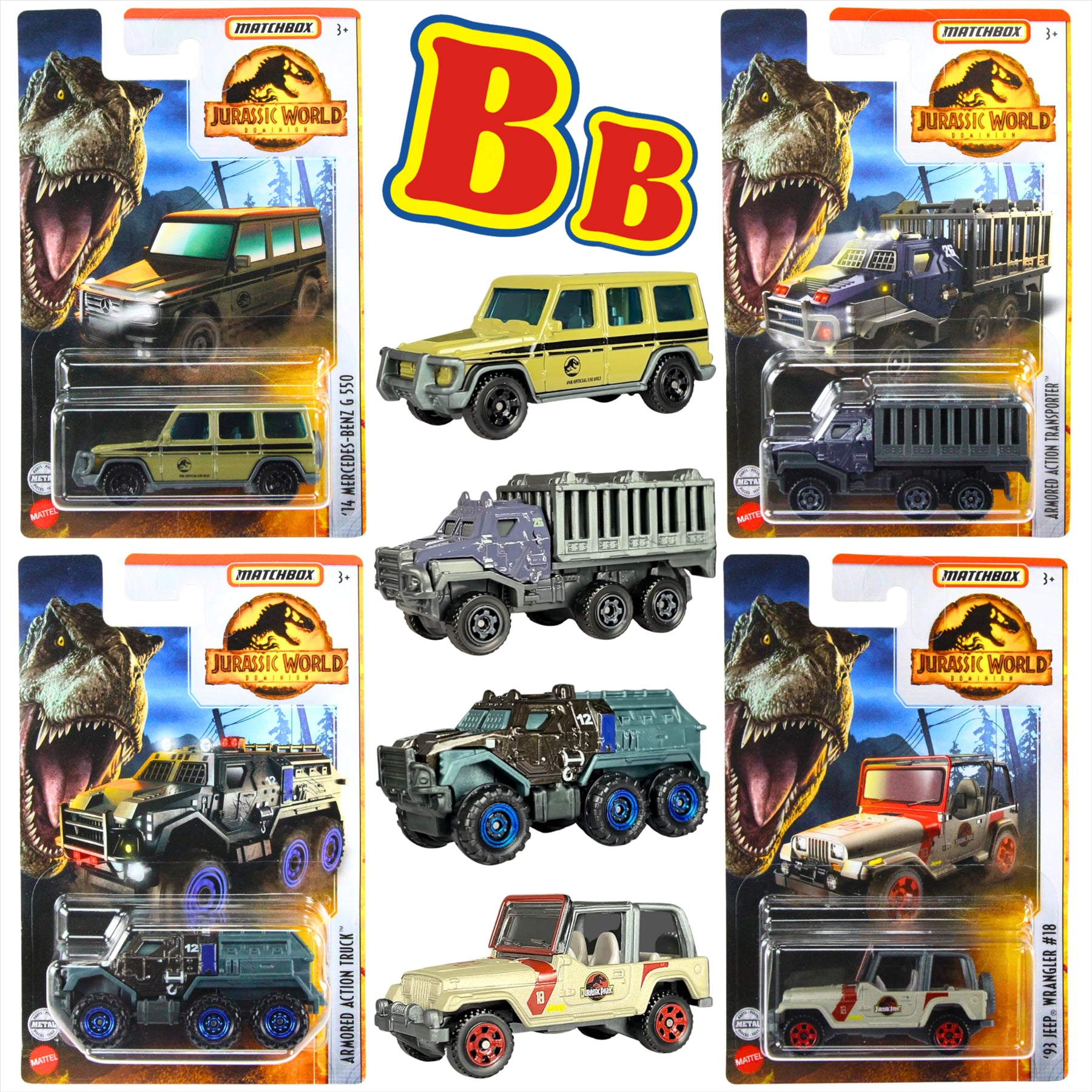 Jurassic World Matchbox Diecast 1:64 Scale Model Vehicle Toys - Pack of 4 - '14 Benz G 550, Armored Action Transporter, Armored Action Truck, '93 Wrangler #18 - Toptoys2u