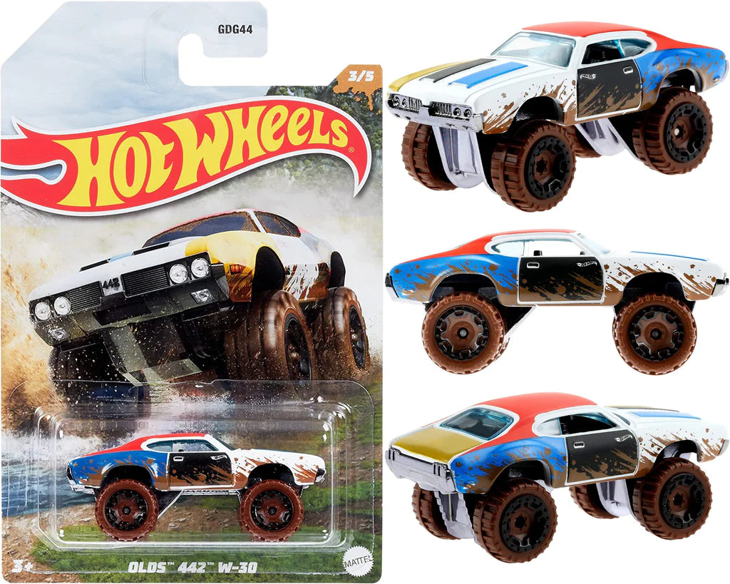 Hot Wheels Mud Runners - 1:64 Scale Diecast - 67 Jeepster Commando, Mercedes Benz Unimog 1300 & Olds 442 W-30 - Set of 3 - Toptoys2u