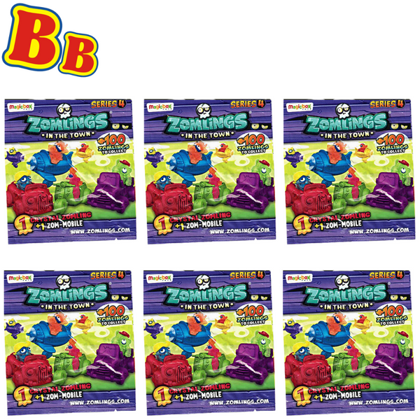 Zomlings in the Town - Series 4 - Pack of 6 Blind Bags - Includes Zom Mobile and Crystal Zomlings - Toptoys2u