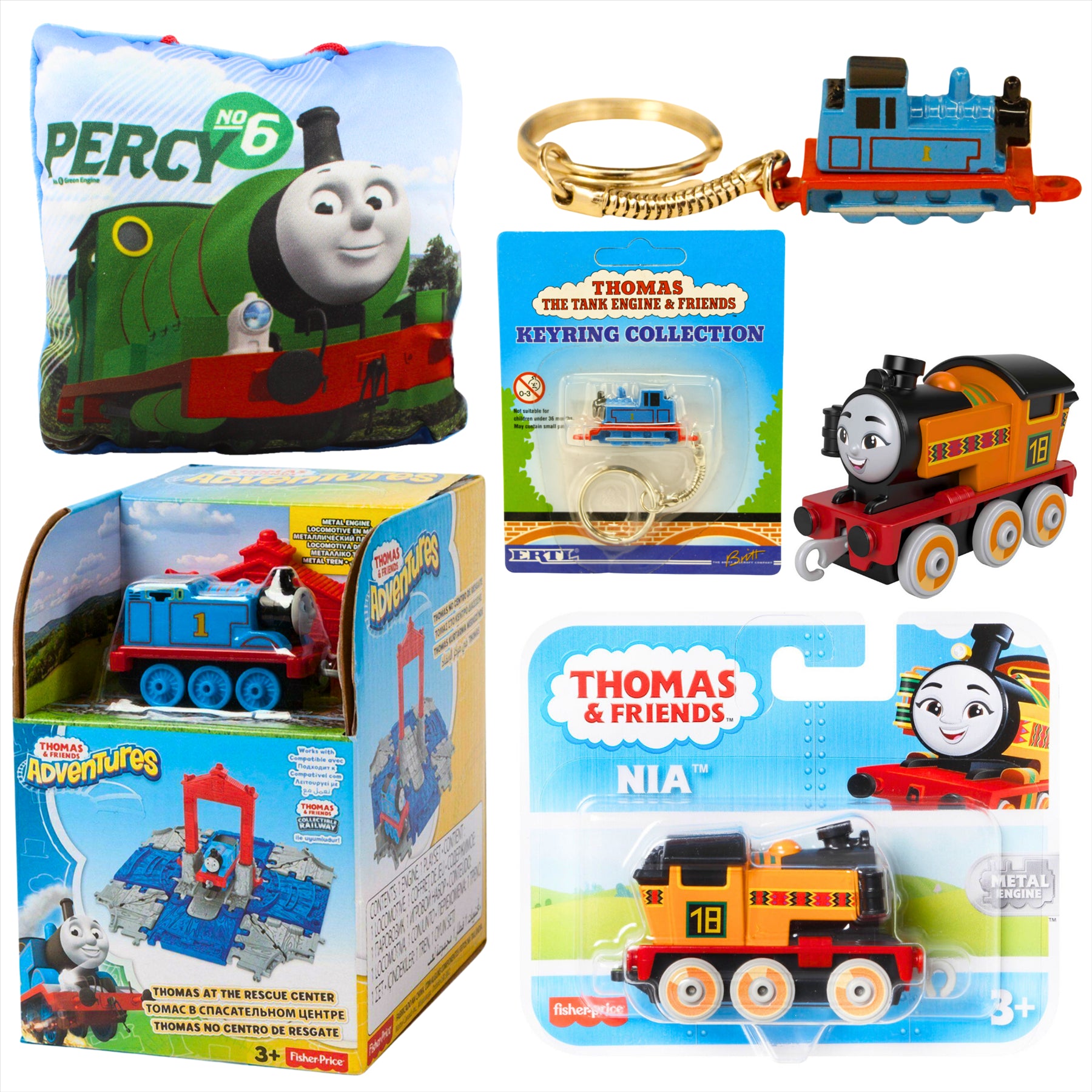 Thomas and Friends Rescue Center Playset, Diecast Thomas Keyring, Nia Diecast Metal Engine Figure, and Percy 12cm Pillow - Toptoys2u