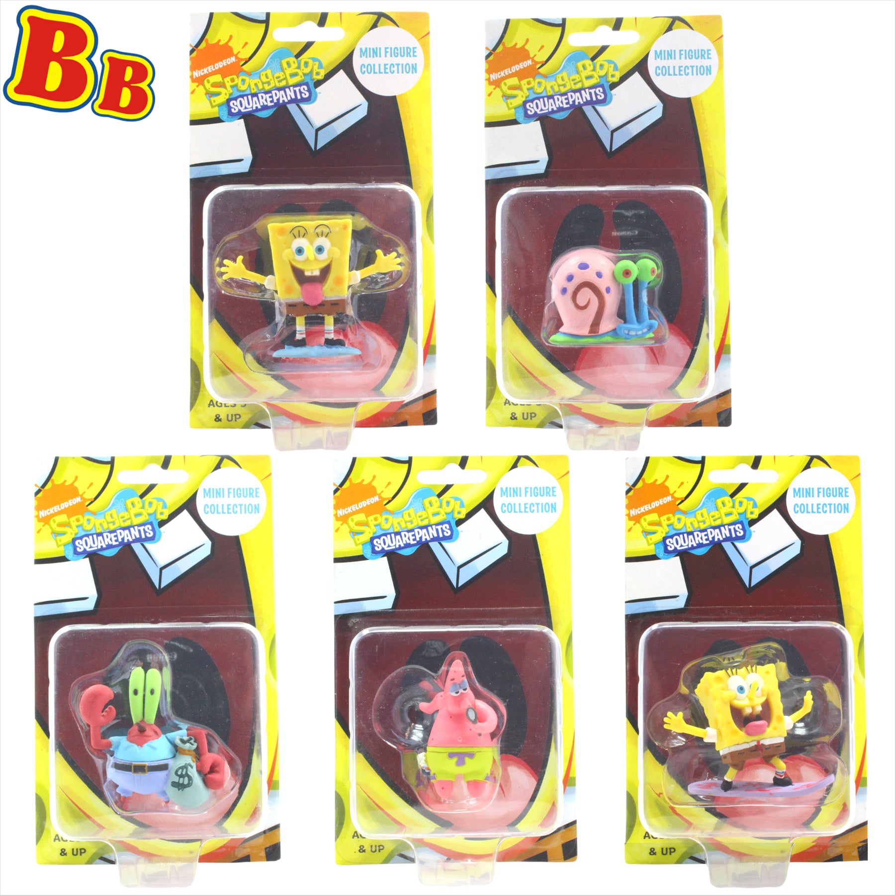 Spongebob Squarepants - Spongebob, Gary, Mr Krabs, Patrick & Spongebob on Surfboard 2" 5cm Collectible Toy Figures - Pack of 5 - Toptoys2u