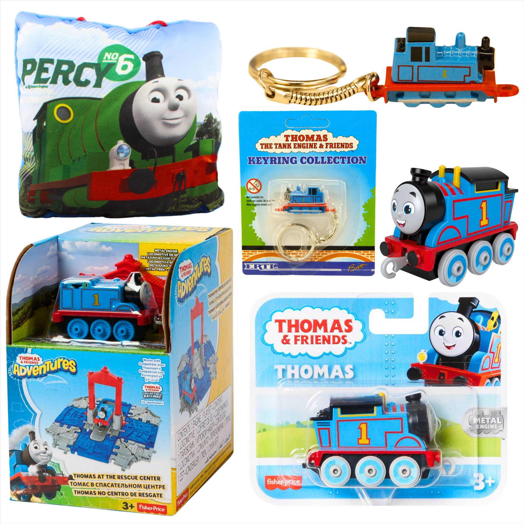 Thomas and Friends Rescue Center Playset, Diecast Thomas Keyring, Thomas Diecast Metal Engine Figure, and Percy 12cm Pillow - Toptoys2u